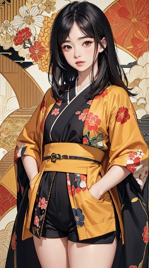 ((8k wallpaper of extremely detailed CG unit, masterpiece, hight resolution, top-quality, top-qualityのリアルテクスチャスキン)), (a very beautiful woman, Plump lips, The upper part of the body, Hands in pockets:1.5, Japanese pattern blouson:1.2, Japanese pattern micro mini shorts:1.2), (A dark-haired, hair messy, de pele branca, small tit), ((Colorful background with geometric patterns, Japanese pattern background, warm color)), (hyper realisitic, digitial painting),
