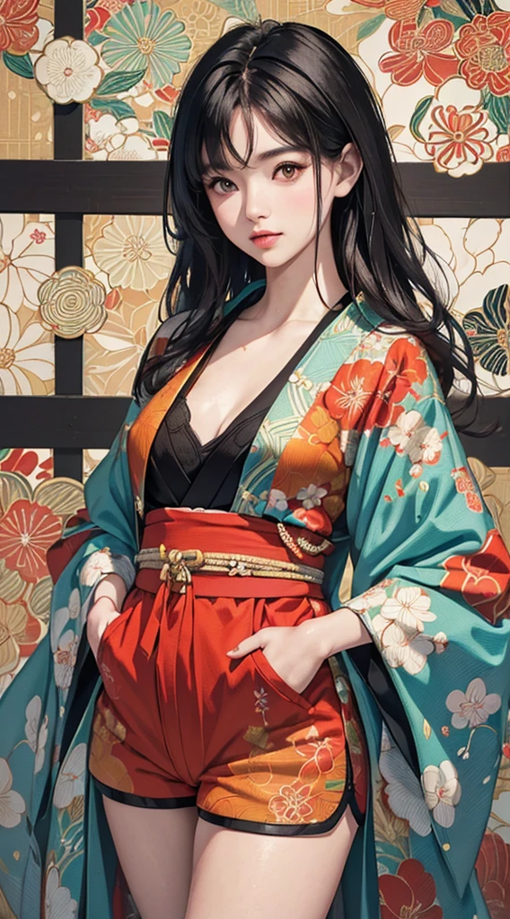 ((8k wallpaper of extremely detailed CG unit, masterpiece, hight resolution, top-quality, top-qualityのリアルテクスチャスキン)), (a very beautiful woman, Plump lips, The upper part of the body, Hands in pockets:1.5, Japanese pattern blouson:1.2, Japanese pattern micro mini shorts:1.2), (A dark-haired, hair messy, de pele branca, small tit), ((Colorful background with geometric patterns, Japanese pattern background, warm color)), (hyper realisitic, digitial painting),