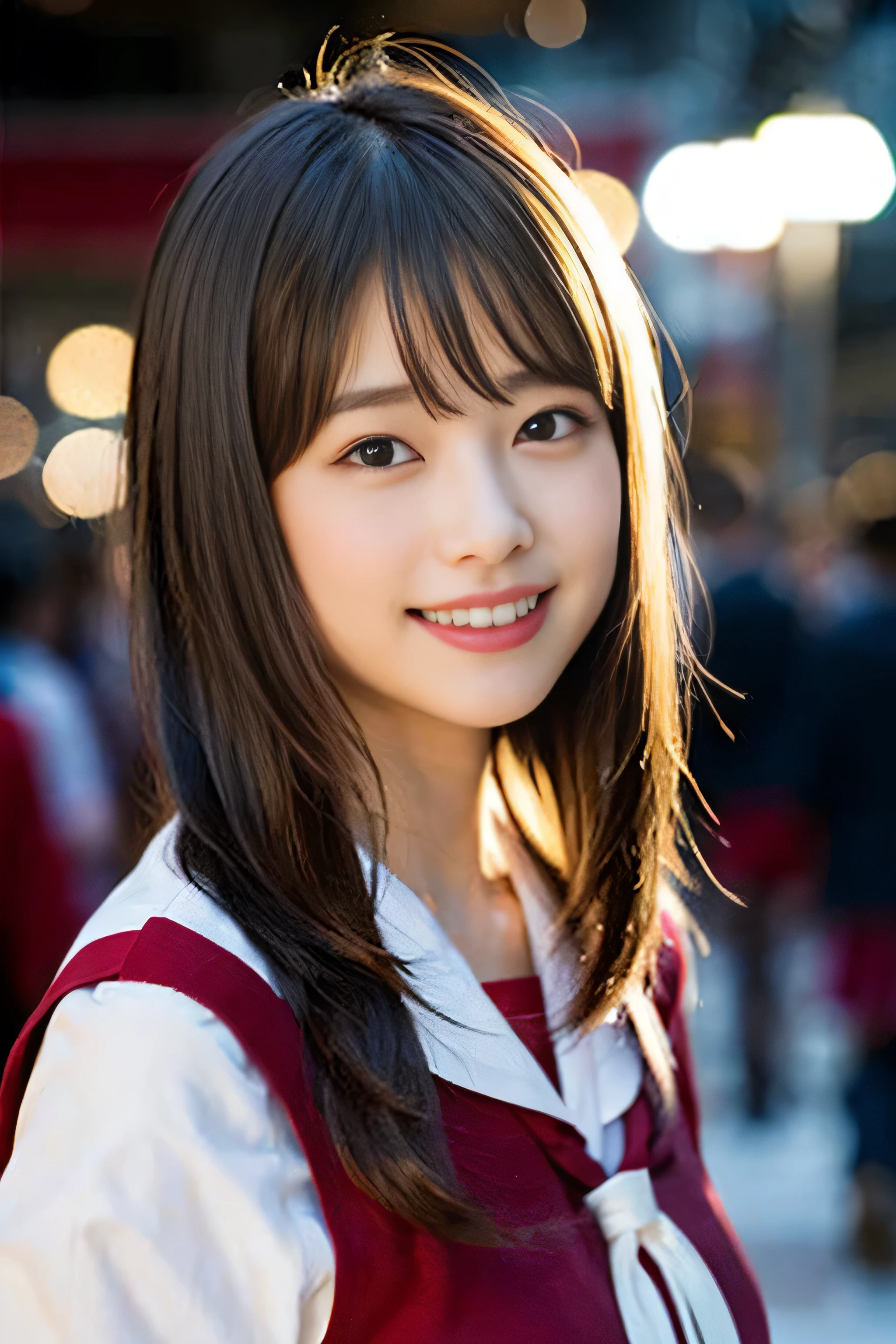 (8K、Raw photography、top-quality、masterpiece:1.2)、(realisitic、Photorealsitic:1.37)、ultra-detailliert、超A high resolution、1人、see the beholder、beautifull detailed face、A smile、Constriction、(Slim waist) :1.3)、Beautiful detailed skin、Skin Texture、Floating hair、Professional Lighting、Whole human body、Longhaire、a blond、japanese hight school uniform、hi-school girl、School route、Winters、snowscape、Snow is piled up、snowflakes falling、red ribbon hair、Happy smile、Childish smile、Suppin、Red sailor suit