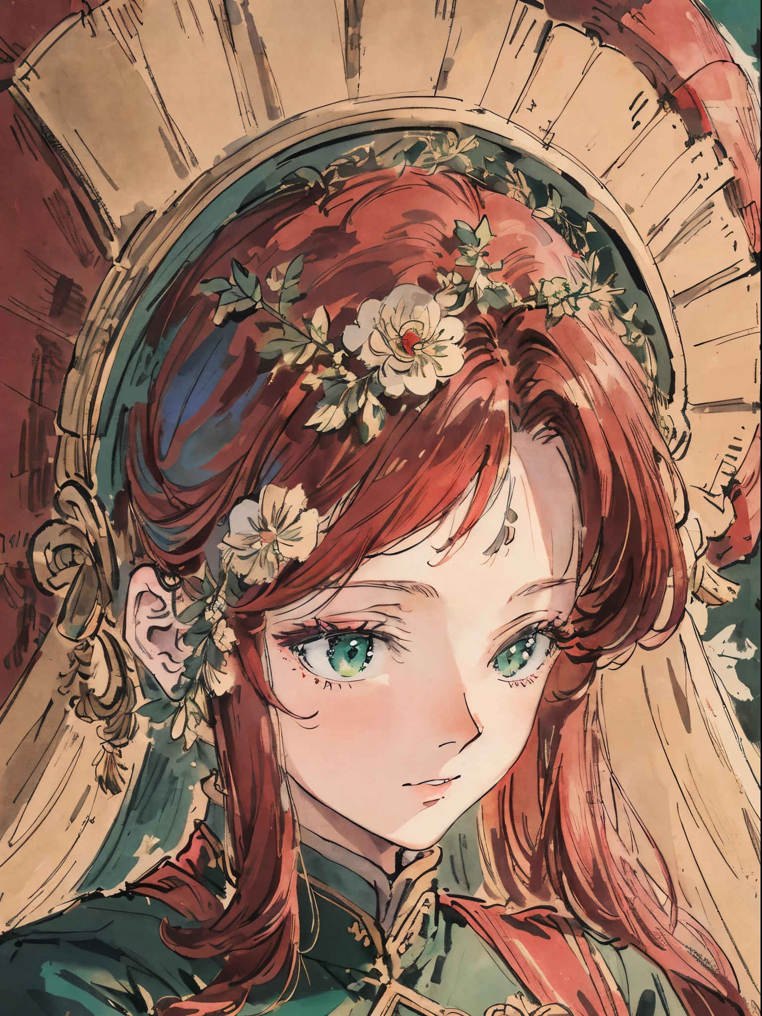 masterpiece, best quality, an extremely delicate and beautiful girl,an extremely delicate and beautiful, world masterpiece theater, ultra-detailed, highly detailed, best quality, red hair, highres, extremely detailed,5 girl, best quality, illustration, looking at viewer, impasto, canvas, oil painting, realistic, realist ,real, Green eyes, In castle, , vintage outfit. Quintuplets