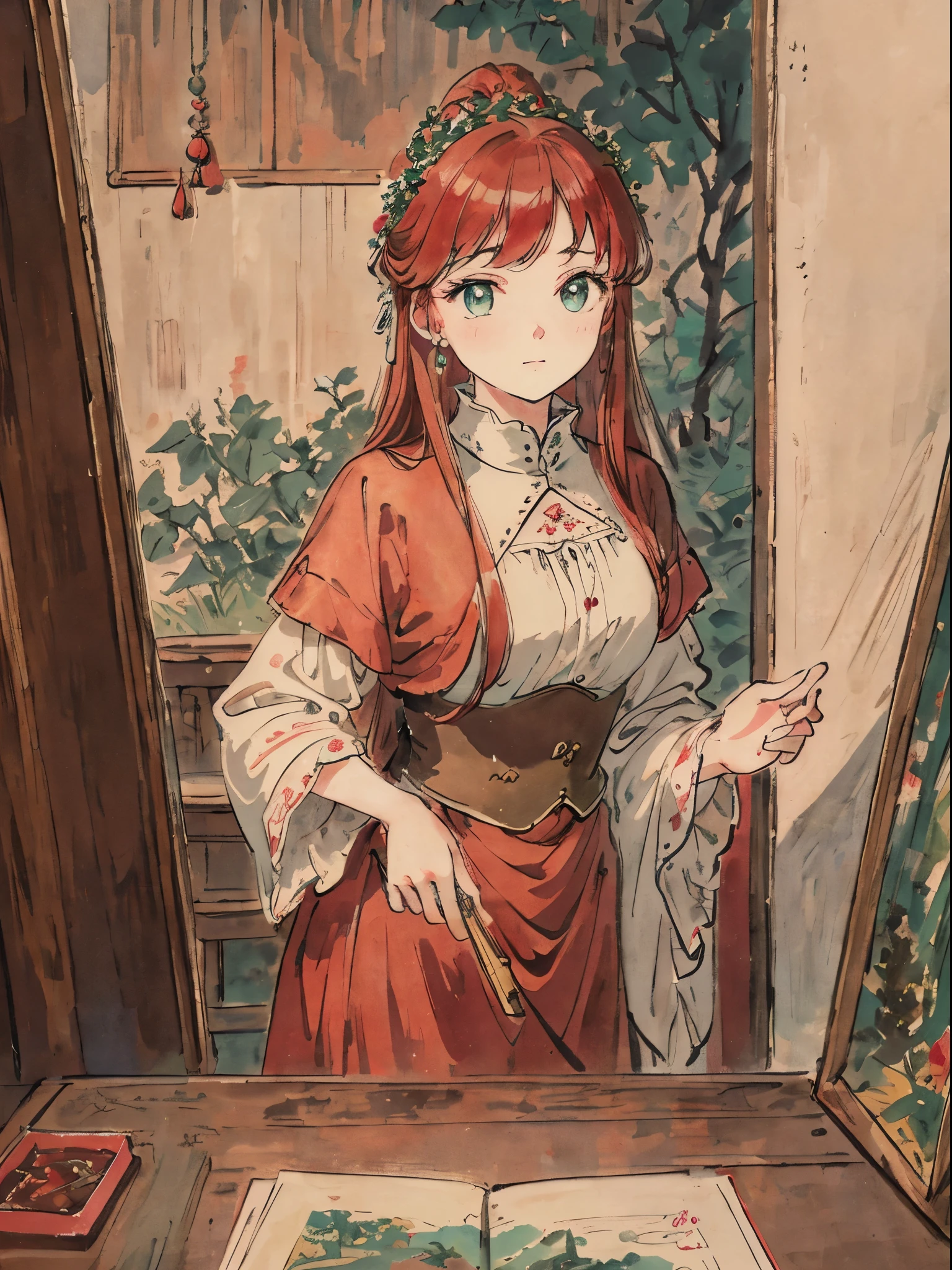 masterpiece, best quality, an extremely delicate and beautiful girl,an extremely delicate and beautiful, world masterpiece theater, ultra-detailed, highly detailed, best quality, red hair, highres, extremely detailed,5 girl, best quality, illustration, looking at viewer, impasto, canvas, oil painting, realistic, realist ,real, Green eyes, In castle, , vintage outfit. Quintuplets