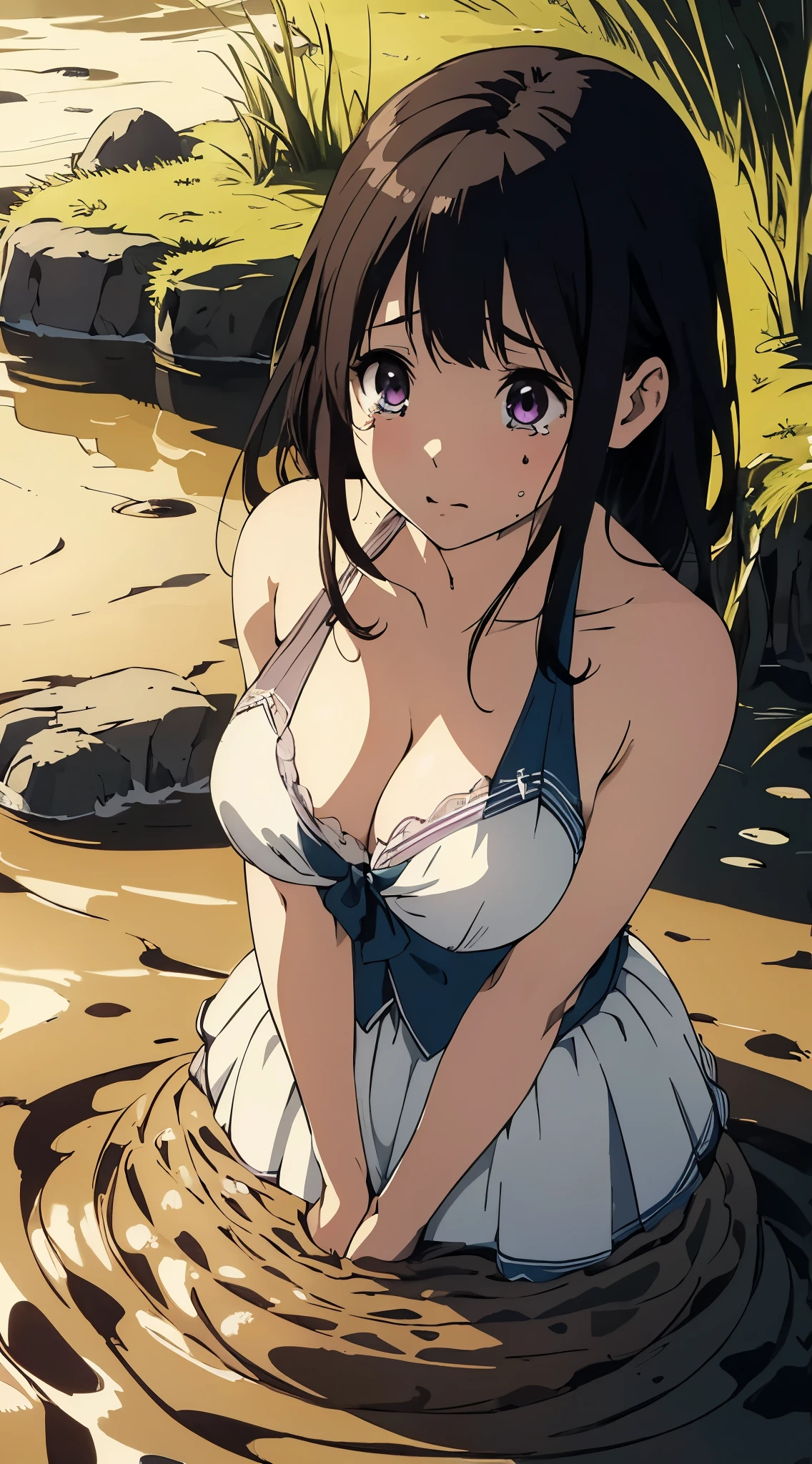 masterpiece, best quality, illustration, highly detailed, chitanda_eru, beautiful detailed eyes, (looking down:1.2), cleavage, (quicksand:1.3), cheerleader, tears, crying