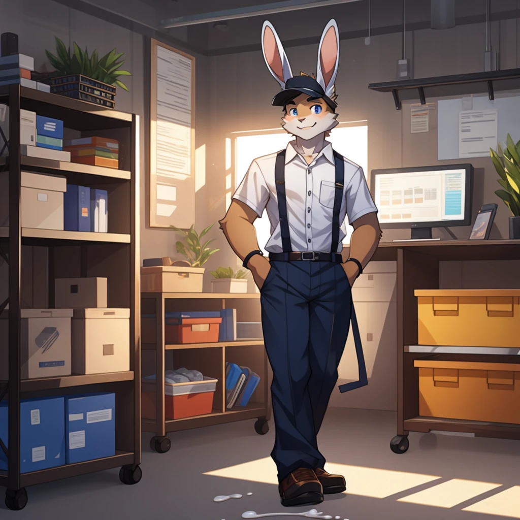 single person,white skin,(rabbit ears),ager,rabbit,rabbit furry,male,rabbit,white fur,white skin,full body,cum,worker,