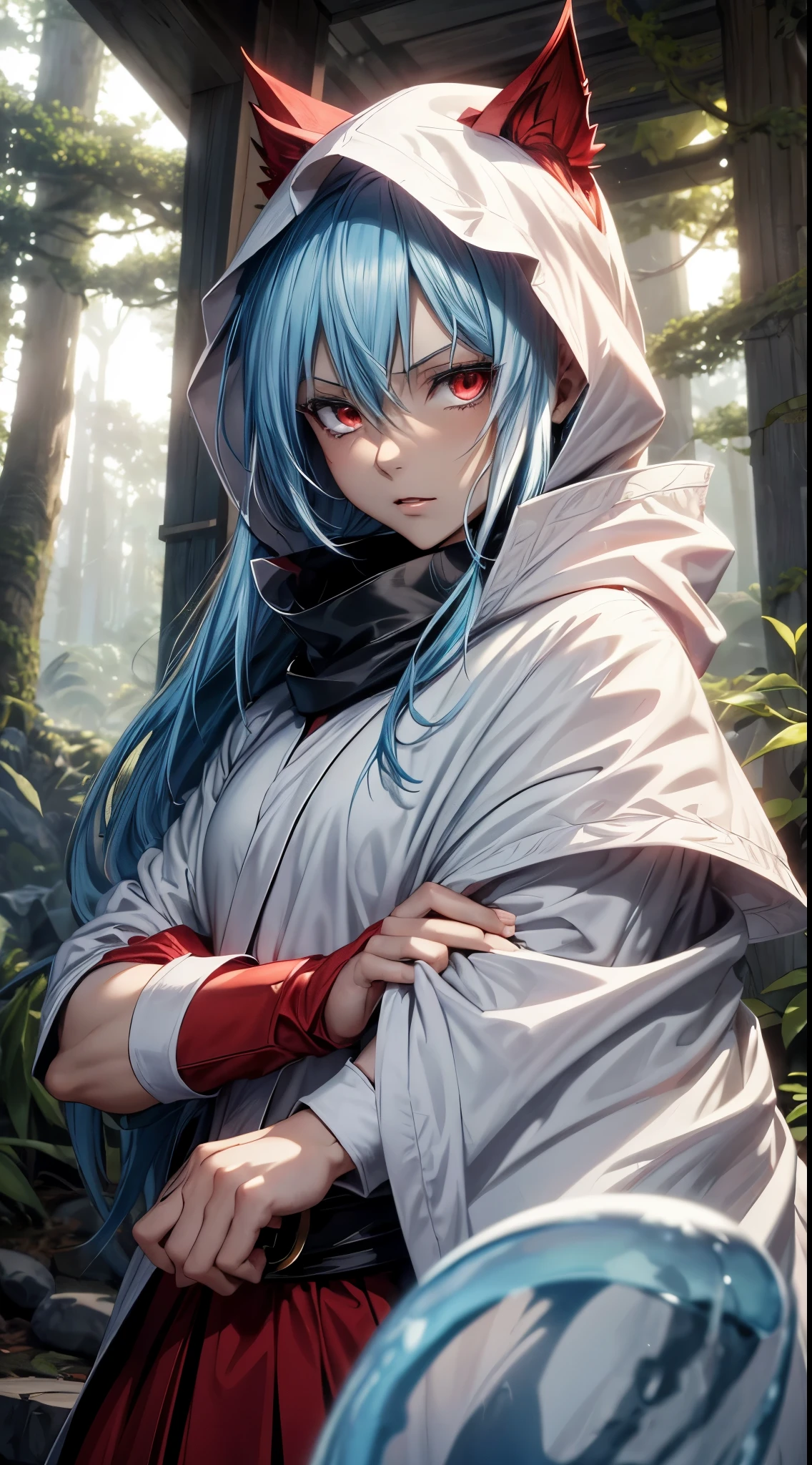 (an adult tensei shitara slime anime character) Rimuru Tempest, with prominent and piercing eyes of a (((scarlet red))), which exude an aura of cold determination and a sharp intelligence, (hair is light heavenly blue), flowing and smooth, neutral mouth, cold gaze, reflecting an unshakable personality and an indomitable spirit, The white hood that covers the character's head adds a touch of mystery and nobility, complementing his enigmatic and powerful presence, complete character, ((( setting in the forest))), white skin, highly detailed scenery, (wearing a white sheet), full body photo, (kudere expression)