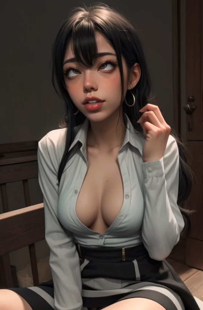 (full figure:1.1), (1 girl as yukino yukinoshita:1.5), highres, solo, big breasts, waist long black hair, (twintails:0.5), (pleated school miniskirt:1.5), (black knee socks:1.5), (loose red ribbon:1.2), (cotton skirt:1.5), (unbuttoned white shirt:1.4), (ahegao:1.5), green eyes, (rolling eyes:1.5), (torn clothes:1.5), (naked breasts:1.5), spread legs, (squatting:1.1), legs wide open