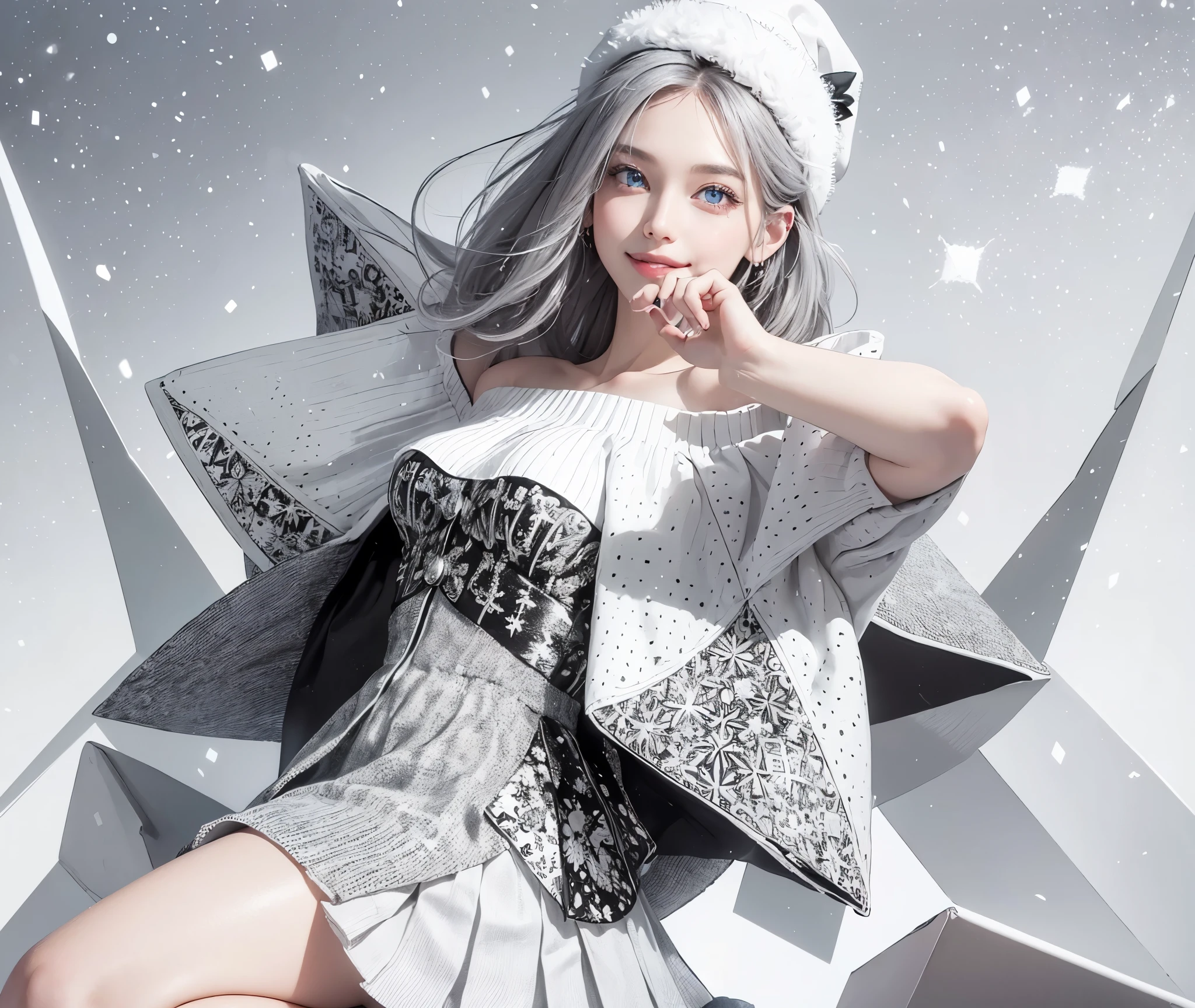 (Realistic:1.8), (Digital art:0.2), (Geometric art:1.7),(agpi official art, beautiful and aesthetic, ultra detailed, beautiful, masterpiece, best quality:1.6), (1girl:1.2), Detailed face, Detailed eyes, Detailed hair, young fingers, Detailed fingers, five fingerREAK cute ig model, Japanese cute model, 22 years old, Tightened all body, small head, small face, small mouth, diamond Face, small nose, Sharp Faceline, (dropy eyes, Double eyelid, Light color eyes, Glossy eyes, Shiny eyes:1.2), Shiny skin, shiny hair, (gray hair:1.2),
_
BREAK (happy, smile, Teeth, Glossy Lip:1.2),beautiful Teeth, (upper body:1.5), sitting, from front,
_
BREAK (BLACK and White theme:1.4), (Cute Christmas theme:1.2), (fluffy Santa hat with ribbon:1.2), (adorable BLACK and white candy cane-striped off-shoulder top:1.2), (short length White pleated skirt with subtle Polka dot pattern:1.2), (festive knee-high socks with small bows:1.2), (festive White and BLACK ankle boots:1.2), BREAK (sparkling snowfall background:1.2), (Fog, mist:1.4),(joyful expression:1.2), (holding a cute gift box with a big bow:1.2), (gentle snow breeze:1.2),