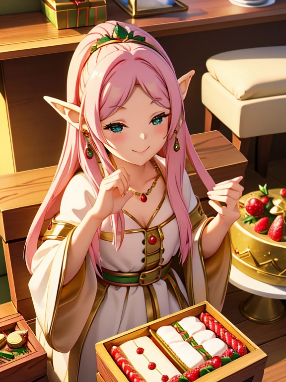 cute smile face、singing elf、sitting in a jewelry box、Lots of treasures, treasure chest and sweets、Christmas cake、Strawberry cake、Jewelry Box、Merry Christmas Characters、