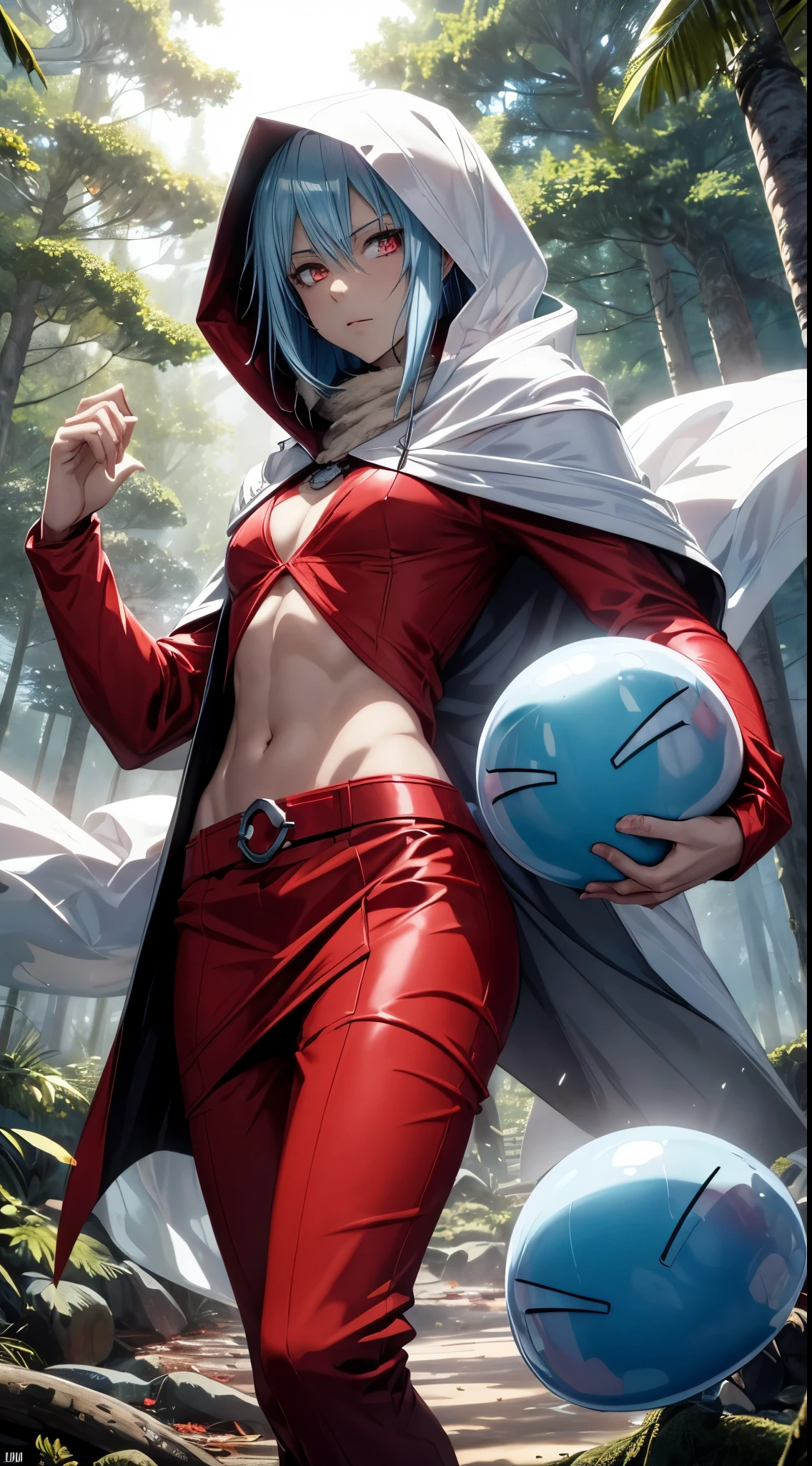(an adult tensei shitara slime anime character) Rimuru Tempest, with prominent and piercing eyes of a (((scarlet red))), which exude an aura of cold determination and a sharp intelligence, (hair is light heavenly blue), flowing and smooth, neutral mouth, cold gaze, reflecting an unshakable personality and an indomitable spirit, The white hood that covers the character's head adds a touch of mystery and nobility, complementing his enigmatic and powerful presence, complete character, ((( setting in the forest))), white skin, highly detailed scenery, (wearing a white sheet), full body photo, (kudere expression)