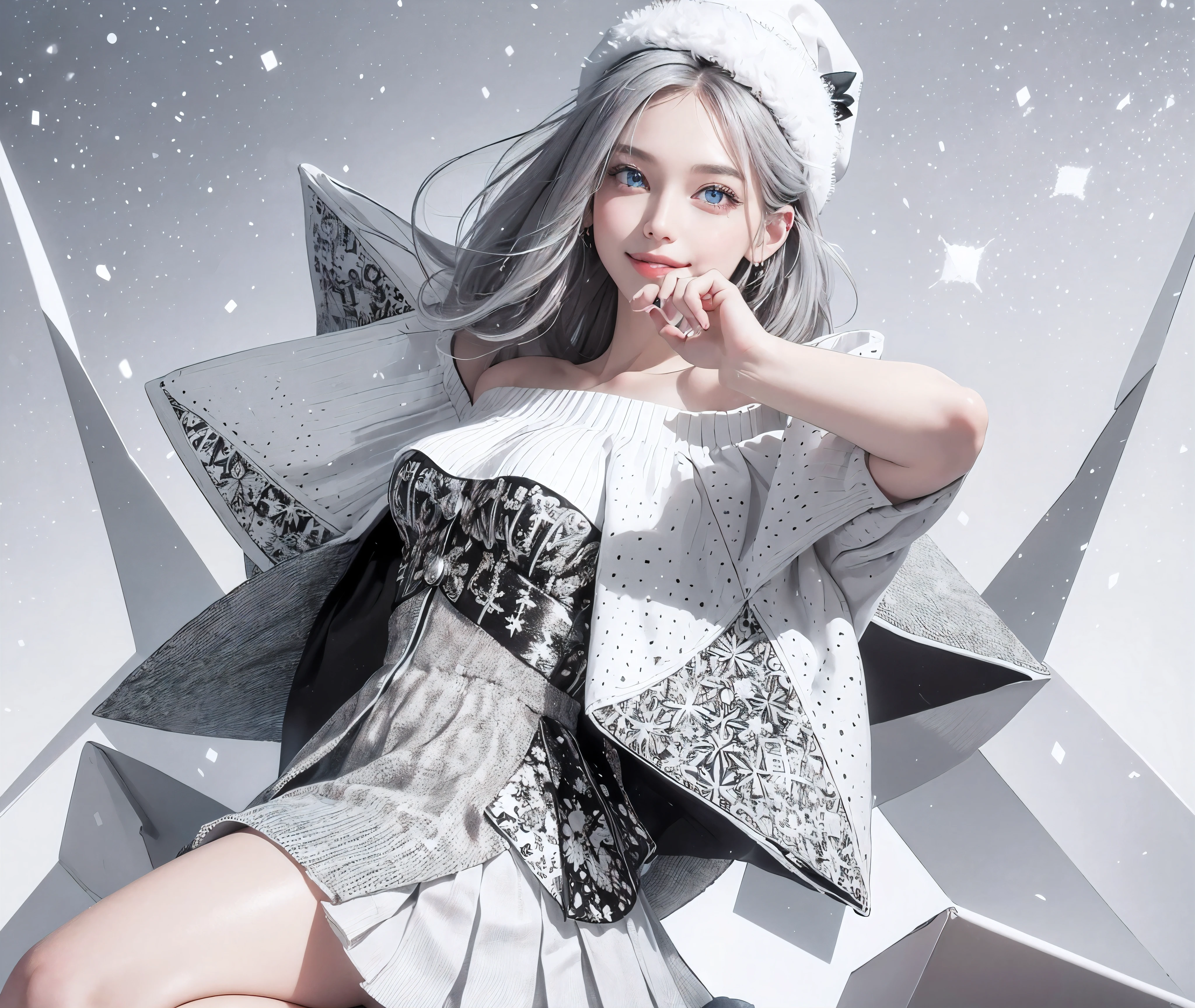 (Realistic:1.8), (Digital art:0.2), (Geometric art:1.7),(agpi official art, beautiful and aesthetic, ultra detailed, beautiful, masterpiece, best quality:1.6), (1girl:1.2), Detailed face, Detailed eyes, Detailed hair, young fingers, Detailed fingers, five fingerREAK cute ig model, Japanese cute model, 22 years old, Tightened all body, small head, small face, small mouth, diamond Face, small nose, Sharp Faceline, (dropy eyes, Double eyelid, Light color eyes, Glossy eyes, Shiny eyes:1.2), Shiny skin, shiny hair, (gray hair:1.2),
_
BREAK (happy, smile, Teeth, Glossy Lip:1.2),beautiful Teeth, (upper body:1.5), sitting, from front,
_
BREAK (BLACK and White theme:1.4), (Cute Christmas theme:1.2), (fluffy Santa hat with ribbon:1.2), (adorable BLACK and white candy cane-striped off-shoulder top:1.2), (short length White pleated skirt with subtle Polka dot pattern:1.2), (festive knee-high socks with small bows:1.2), (festive White and BLACK ankle boots:1.2), BREAK (sparkling snowfall background:1.2), (Fog, mist:1.4),(joyful expression:1.2), (holding a cute gift box with a big bow:1.2), (gentle snow breeze:1.2),
