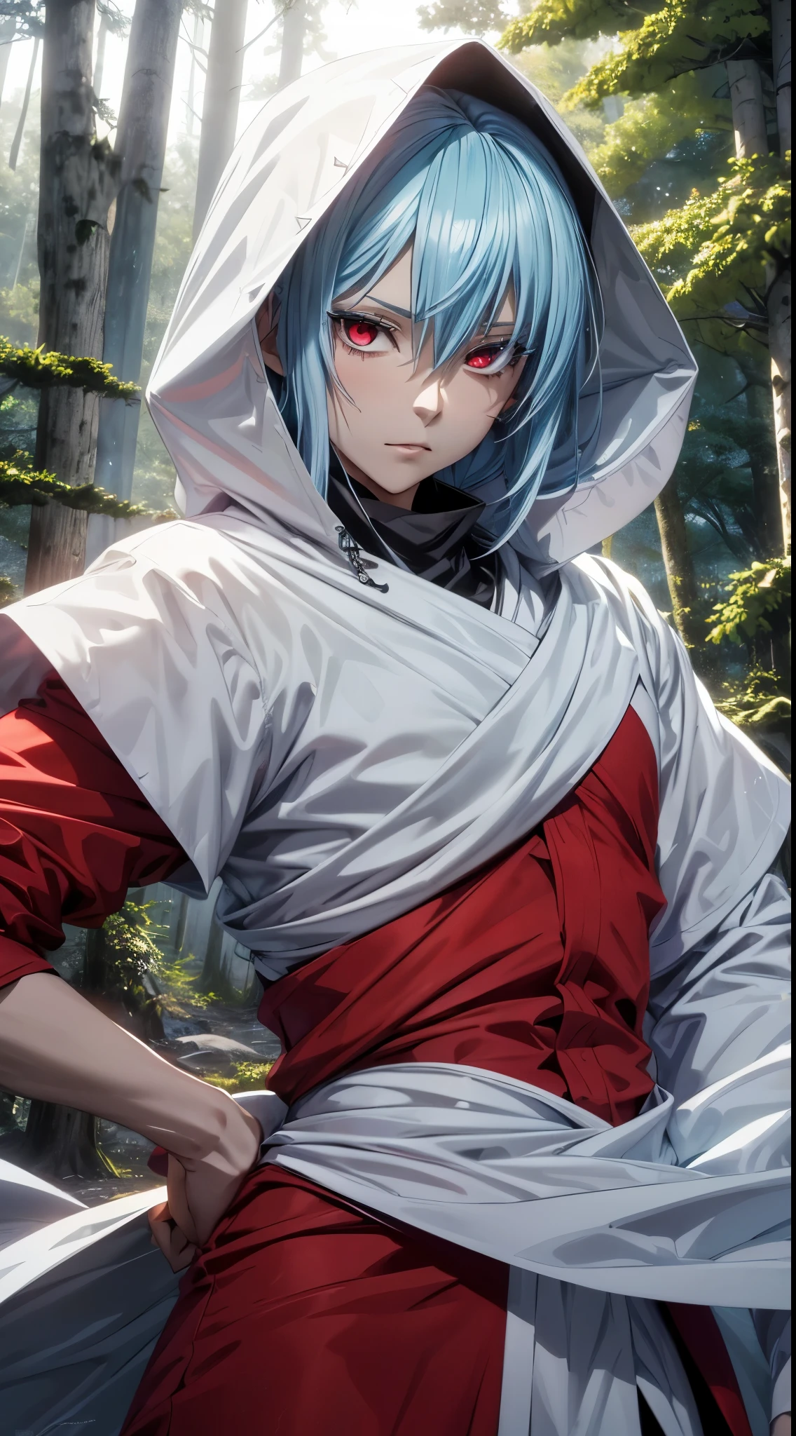 (an adult tensei shitara slime anime character) Rimuru Tempest, with prominent and piercing eyes of a (((scarlet red))), which exude an aura of cold determination and a sharp intelligence, (hair is light heavenly blue), flowing and smooth, neutral mouth, cold gaze, reflecting an unshakable personality and an indomitable spirit, The white hood that covers the character's head adds a touch of mystery and nobility, complementing his enigmatic and powerful presence, complete character, ((( setting in the forest))), white skin, highly detailed scenery, (wearing a white sheet), full body photo, (kudere expression)
