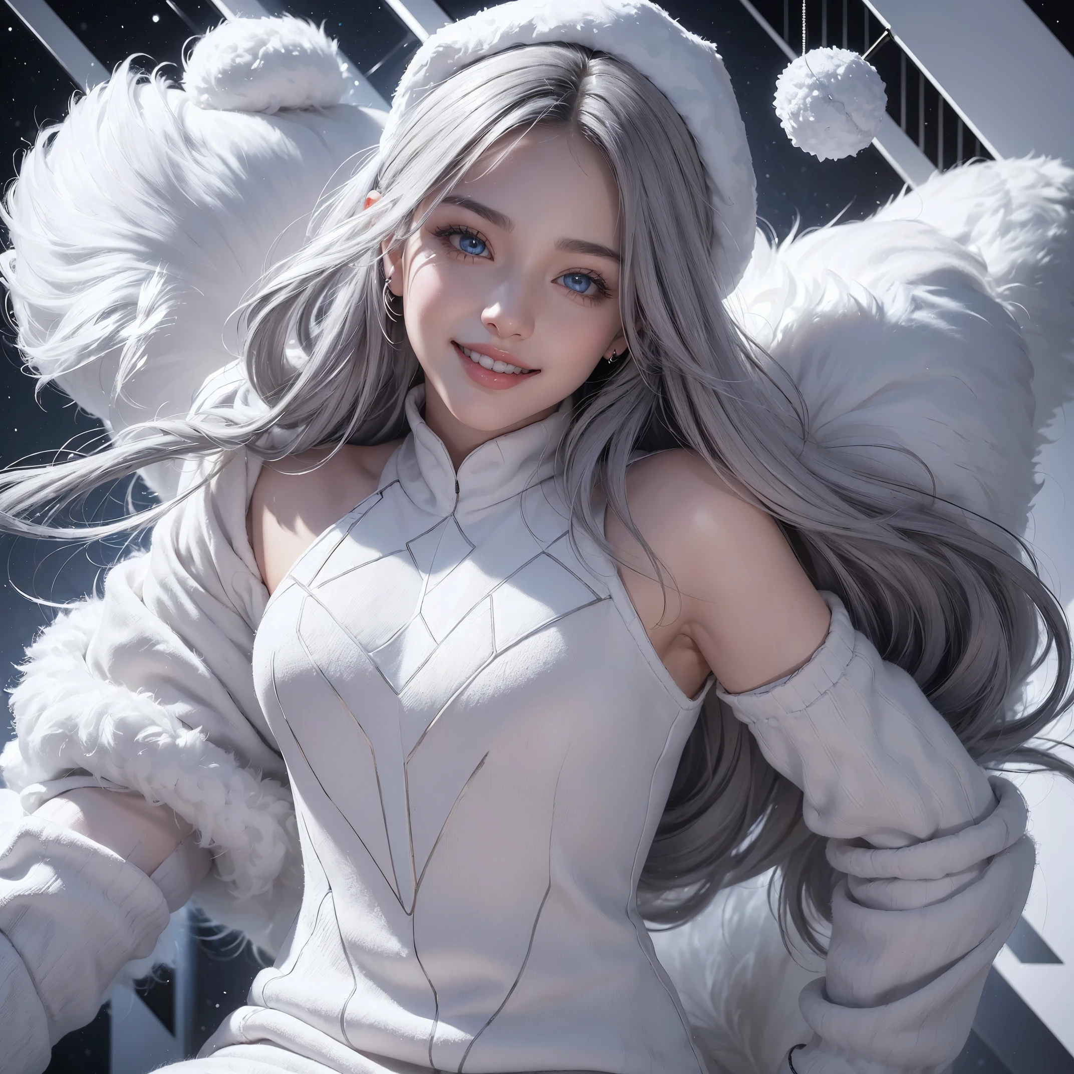 (Realistic:1.8), (Digital art:0.2), (Geometric art:1.7),(agpi official art, beautiful and aesthetic, ultra detailed, beautiful, masterpiece, best quality:1.6), (1girl:1.2), Detailed face, Detailed eyes, Detailed hair, young fingers, Detailed fingers, five fingerREAK cute ig model, Japanese cute model, 22 years old, Tightened all body, small head, small face, small mouth, diamond Face, small nose, Sharp Faceline, (dropy eyes, Double eyelid, Light color eyes, Glossy eyes, Shiny eyes:1.2), Shiny skin, shiny hair, (gray hair:1.2),
_
BREAK (happy, smile, Teeth, Glossy Lip:1.2),beautiful Teeth, (upper body:1.5), sitting, from front,
_
BREAK (sweatshirt santa:1.2), (black and white theme:1.2), (oversized black sweatshirt with white fuzzy trim:1.2), (santa hat:1.2), (red and white candy cane leggings:1.2),
_BREAK
(snowflake patterned white high socks:1.2), (black platform boots:1.2), (holding a sack with black and white presents:1.2),
_BREAK
(snowy winter night:1.2), (standing with arms outstretched:1.2), (camera angle from below:1.2),