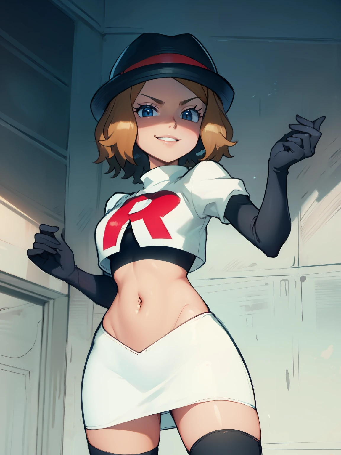 serena, hat, glossy lips ,team rocket uniform, red letter R, white skirt,white crop top,black thigh-high boots, black elbow gloves, evil smile, looking at viewer, cowboy shot