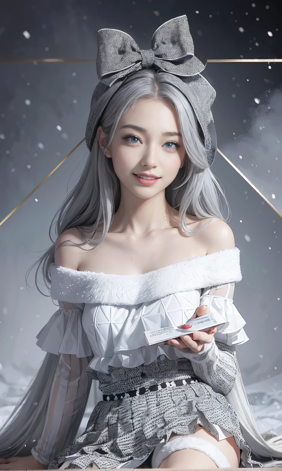 (Realistic:1.8), (Digital art:0.2), (Geometric art:1.7),(agpi official art, beautiful and aesthetic, ultra detailed, beautiful, masterpiece, best quality:1.6), (1girl:1.2), Detailed face, Detailed eyes, Detailed hair, young fingers, Detailed fingers, five fingerREAK cute ig model, Japanese cute model, 22 years old, Tightened all body, small head, small face, small mouth, diamond Face, small nose, Sharp Faceline, (dropy eyes, Double eyelid, Light color eyes, Glossy eyes, Shiny eyes:1.2), Shiny skin, shiny hair, (gray hair:1.2),
_
BREAK (happy, smile, Teeth, Glossy Lip:1.2),beautiful Teeth, (upper body:1.5), sitting, from front,
_
BREAK (BLACK and White theme:1.4), (Cute Christmas theme:1.2), (fluffy Santa hat with ribbon:1.2), (adorable BLACK and white candy cane-striped off-shoulder top:1.2), (short length White pleated skirt with subtle Polka dot pattern:1.2), (festive knee-high socks with small bows:1.2), (festive White and BLACK ankle boots:1.2), BREAK (sparkling snowfall background:1.2), (Fog, mist:1.4),(joyful expression:1.2), (holding a cute gift box with a big bow:1.2), (gentle snow breeze:1.2),