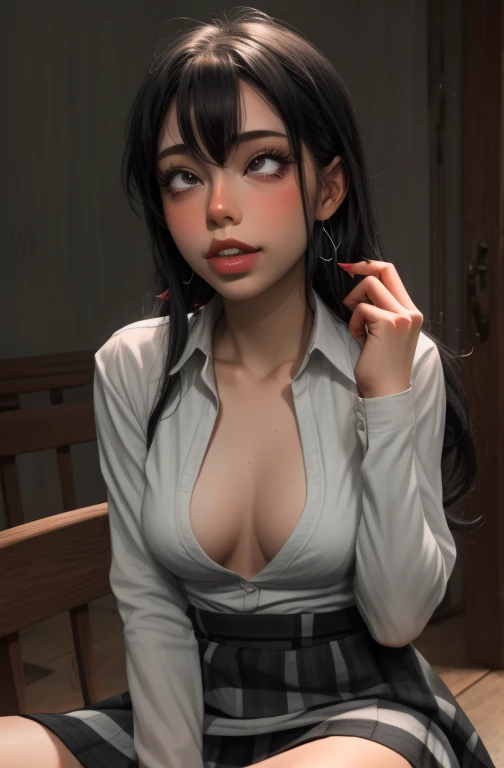 (full figure:1.1), (1 girl as yukino yukinoshita:1.5), highres, solo, big breasts, waist long black hair, (twintails:0.5), (pleated school miniskirt:1.5), (black knee socks:1.5), (loose red ribbon:1.2), (cotton skirt:1.5), (unbuttoned white shirt:1.4), (ahegao:1.5), green eyes, (rolling eyes:1.5), (torn clothes:1.5), (naked breasts:1.5), spread legs, (squatting:1.1), legs wide open