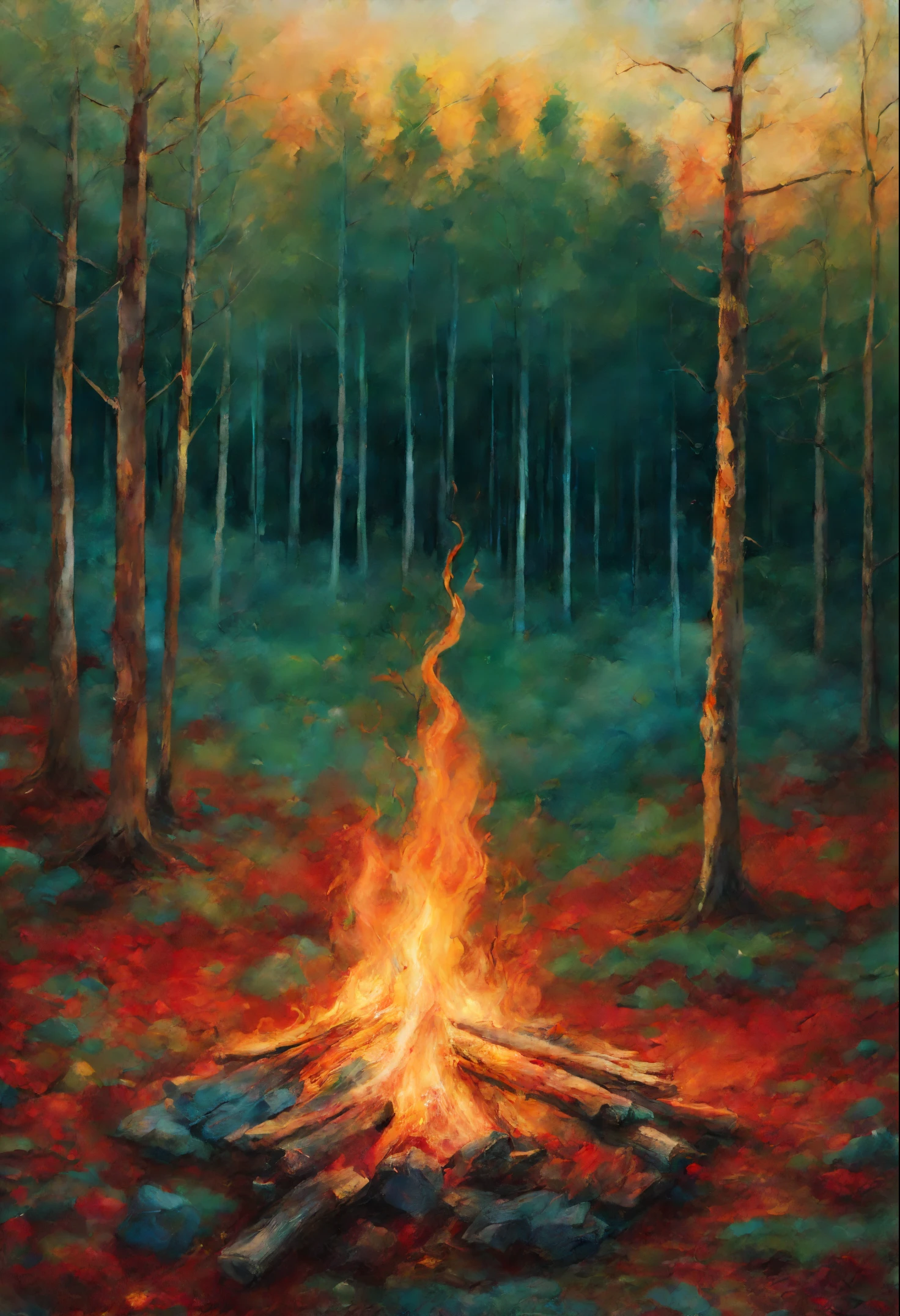Ethereal bonfire in a forest, cor de pastel, feita de ramos, chamas cor de azul pastel,dourado,vermelho escarlate,verde, ethereal colors.