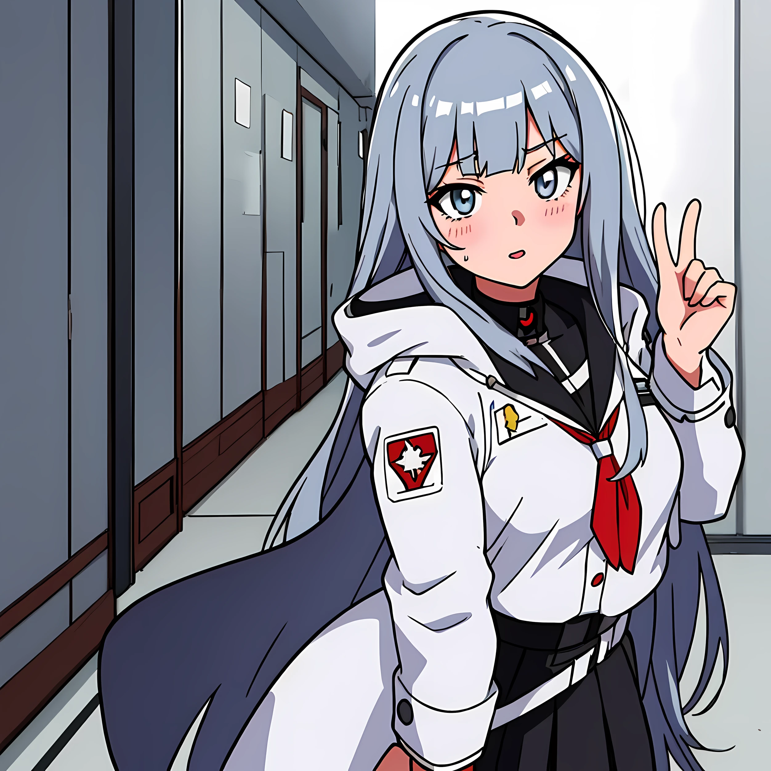 anime girl with long hair and white coat standing in a hallway, girls frontline style, from girls frontline, from arknights, portrait anime space cadet girl, cute anime girl, anime visual of a cute girl, silver hair girl, an anime girl, anime mecha aesthetic, anime aesthetic, beautiful anime portrait, portrait anime girl, pretty anime girl, beautiful anime girl