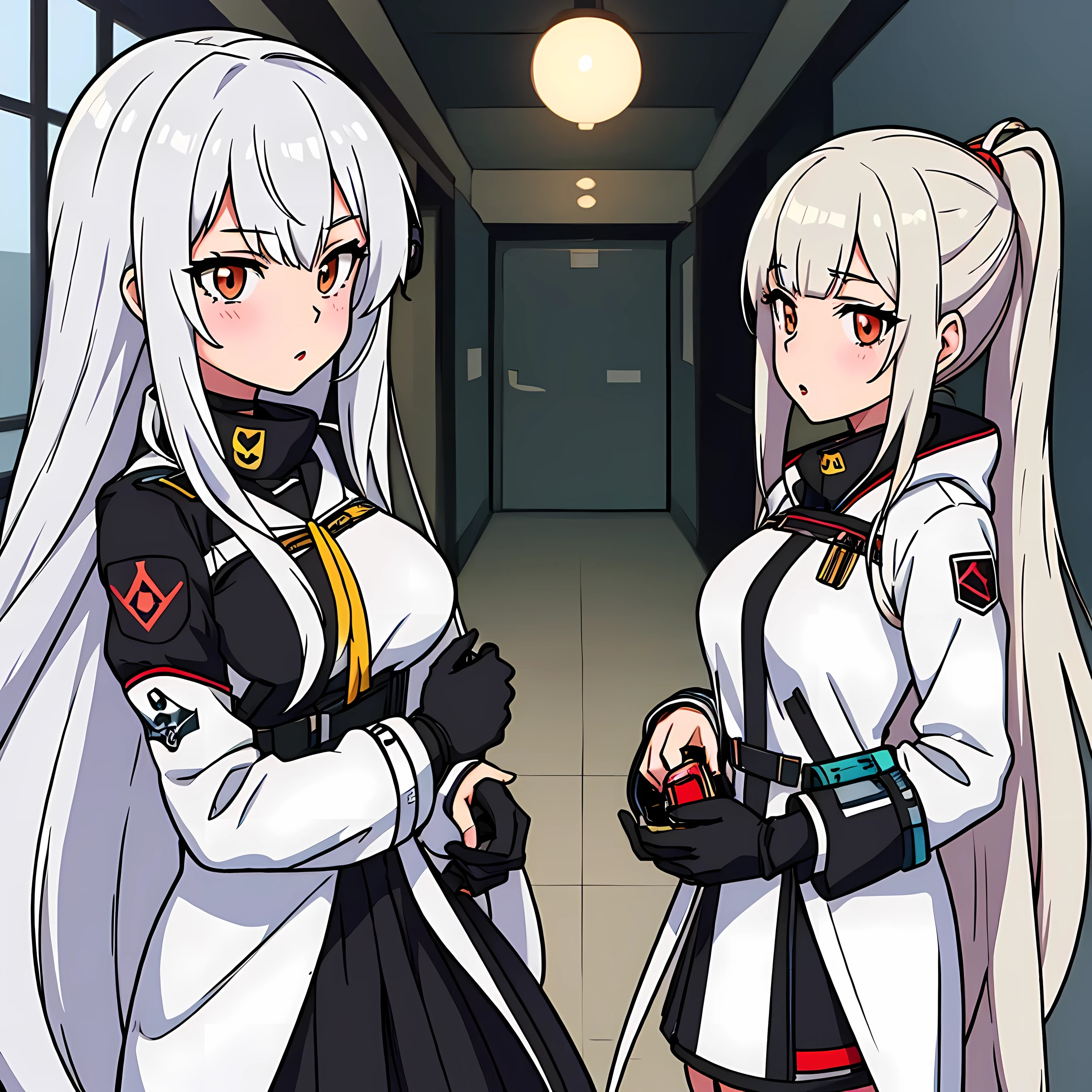 anime girl with long hair and white coat standing in a hallway, girls frontline style, from girls frontline, from arknights, portrait anime space cadet girl, cute anime girl, anime visual of a cute girl, silver hair girl, an anime girl, anime mecha aesthetic, anime aesthetic, beautiful anime portrait, portrait anime girl, pretty anime girl, beautiful anime girl