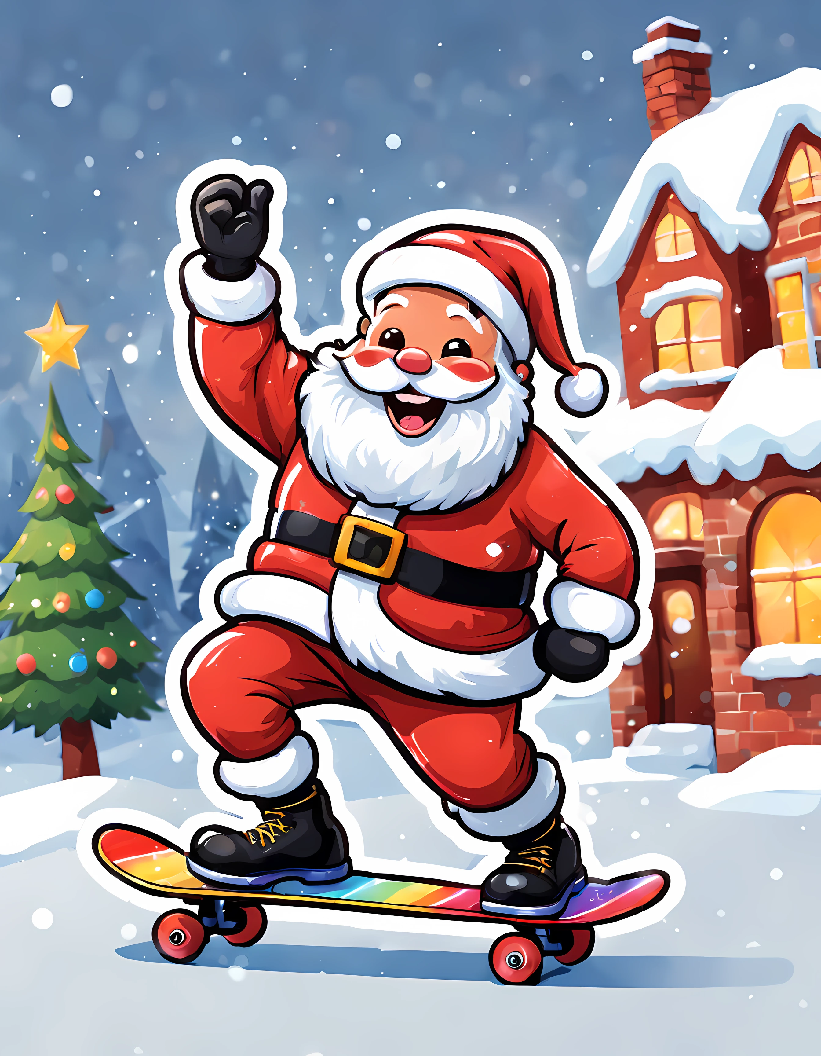 (sticker). | Masterpiece in maximum 16K resolution. | (A big cute cartoon sticker of a mischievous Santa Claus skateboarding through a snowy town, spreading joy and laughter). | Santa wears a vibrant mismatched outfit with a polka dot scarf, striped pants, and rainbow-colored boots. His big smile reveals a row of sparkly teeth, and his rosy cheeks glow with excitement. | Gifts magically pop out of his bag. | The town has whimsical decorations, candy canes, presents, twinkling lights. | More_Detail