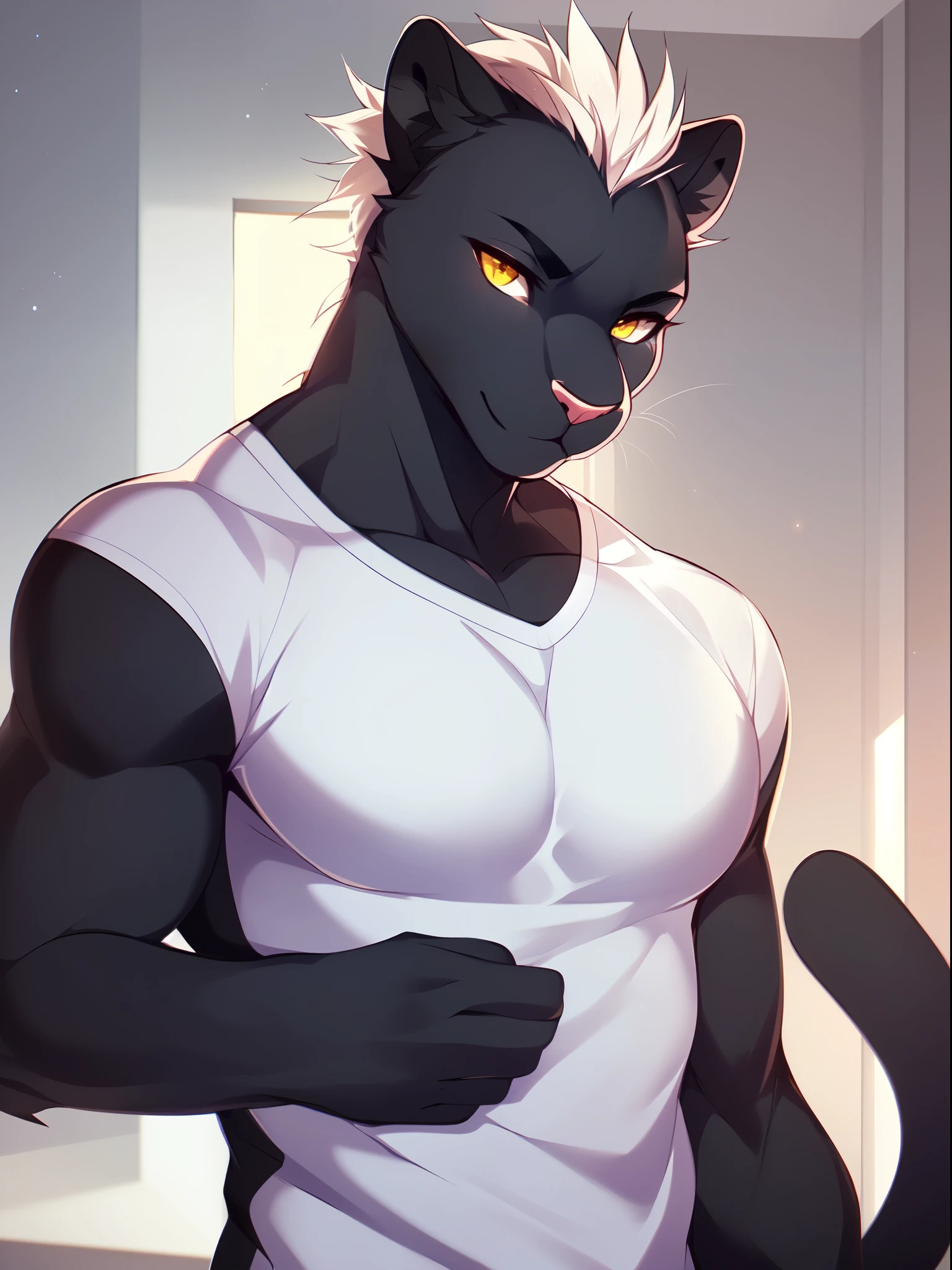 Solo, male, a cute grey anthro furry panther boy, a single panther tail, muscular, white spiky faux hawk hair, yellow eyes, by fumiko, by hyattlen, by zackary911, indoors, tight white shirt, standing, close up, portrait, buff