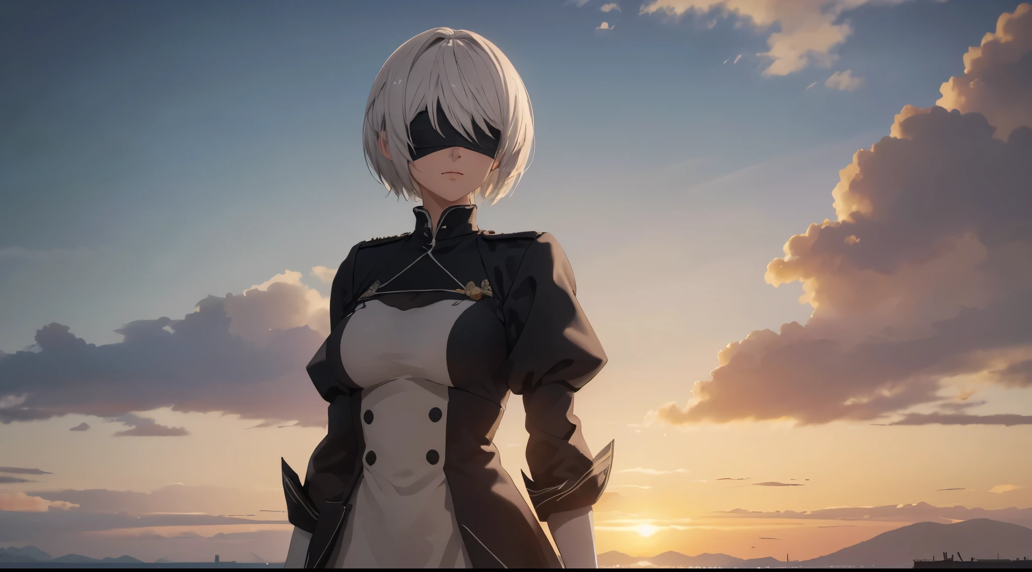 (extremely detailed CG unity 8k wallpaper), (masterpiece), (best quality), (ultra-detailed), (best illustration), (best shadow), (absurdres), 2b, 1girl, short hair, short ponytail, normal size boobs, white hair, blindfold solo, Intimidating women, admiral uniform, night, hero pose, white clothes, General Uniform, Military Uniform, Sunlight, exposed to sunlight, commander, black clothes, sunkissed, sunset background