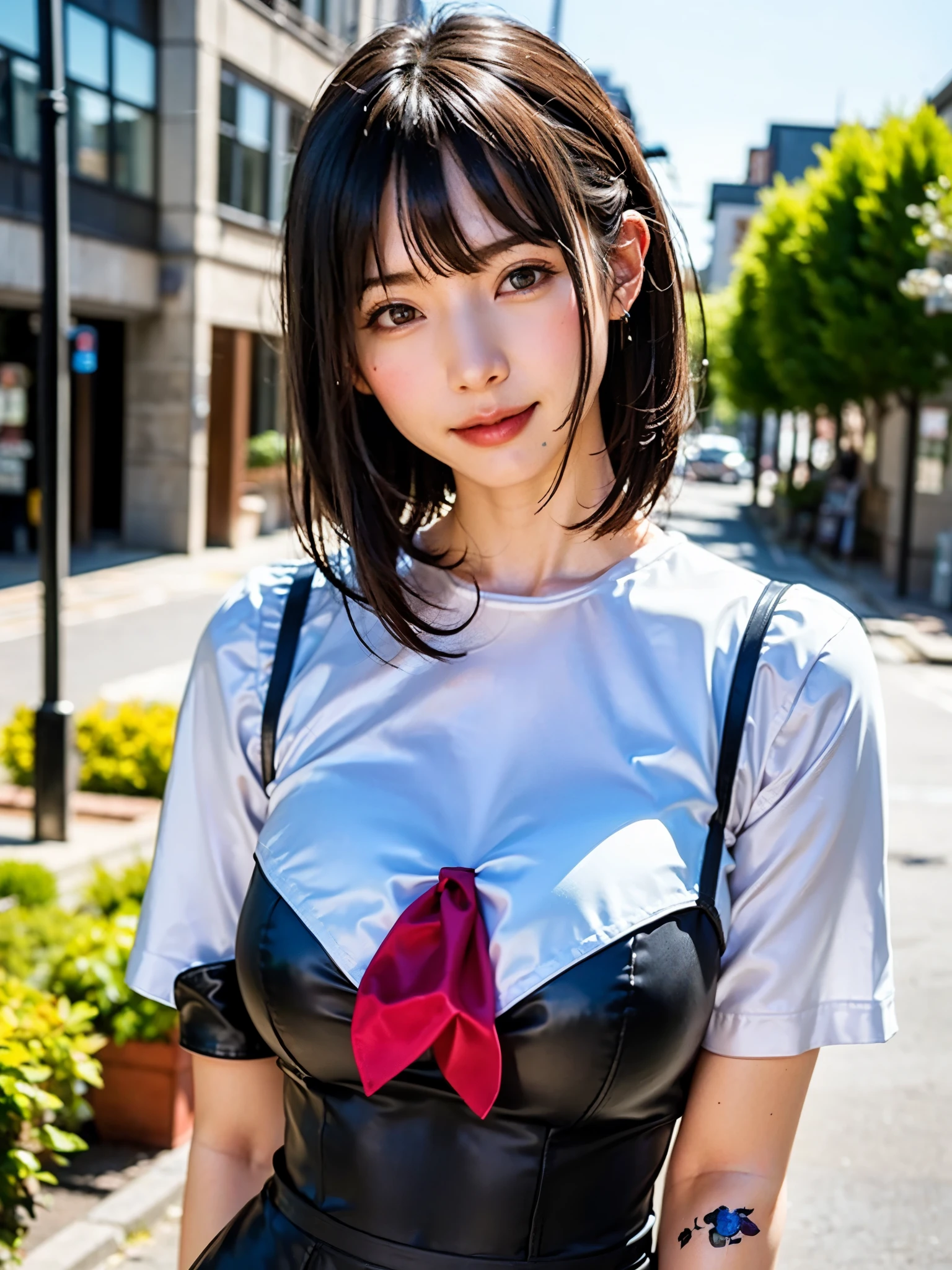 (masterpiece, top-quality),1girl in, 独奏, hyper realisitic, Photorealistic,realisitic, looking at the viewers, brown eyes of light color:1.4,Brunette short bob hair with highly detailed shiny hair, Winter clothes in bright colors, lepangas:1.4), plein air, a closed mouth, The upper part of the body、big eye、Lashes、{Gigantic|Big|Huge|Mega} breasts:1.4, cleavage:1.4、(((big eye、Short bob hair、Intense highlights of the pupils、gazing at viewer、She is a very beautiful and cute beauty、Put your ears out、long neck、smil、Close your mouth and smil、bangs beautiful teeth)))、Ideal ratio body proportions、(Snow-covered tree-lined streets in Norway in winter)