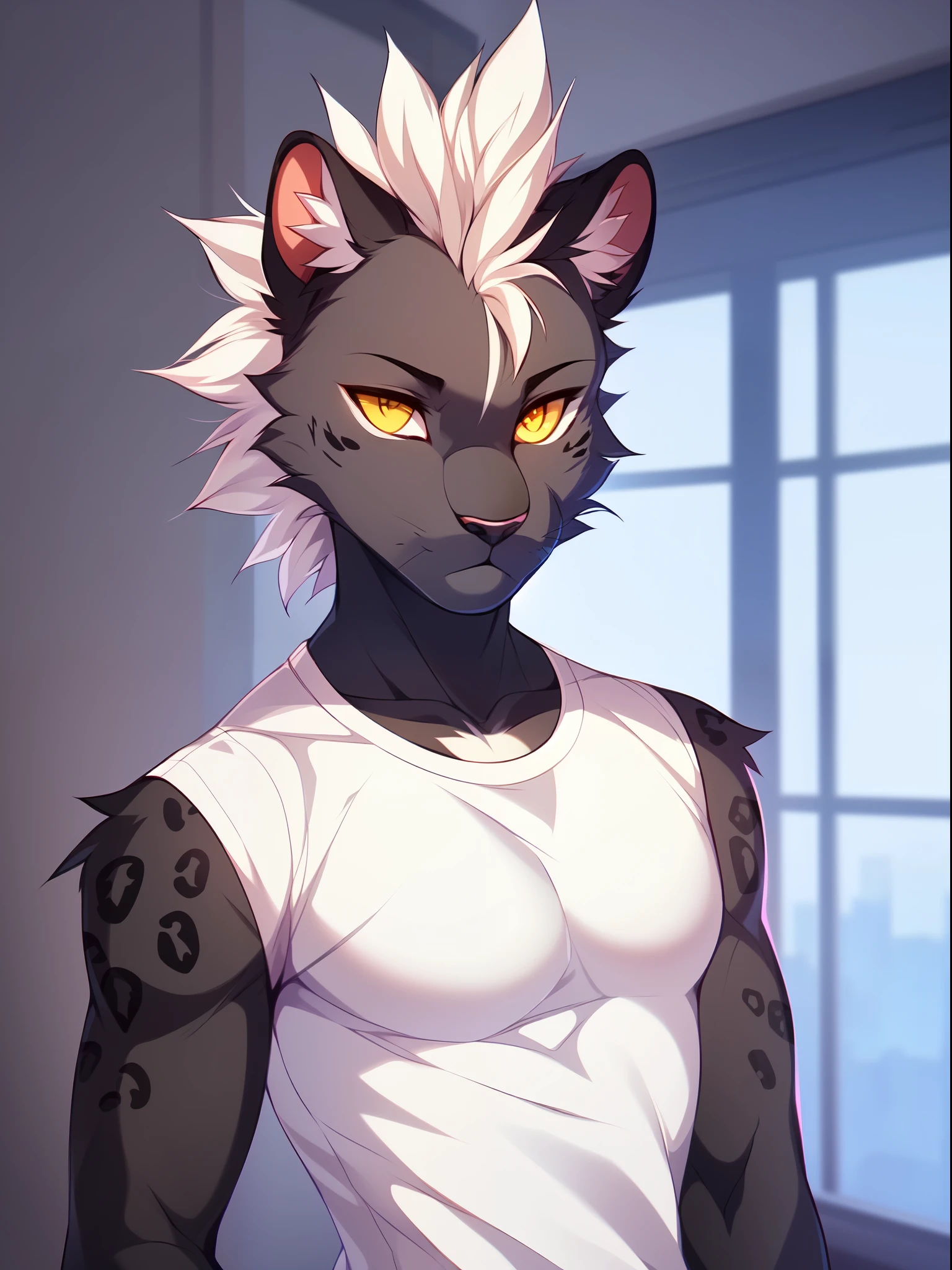 Solo, male, a cute grey anthro furry panther boy, a single panther tail, muscular, white spiky faux hawk hair, yellow eyes, by fumiko, by hyattlen, by hioshiru, indoors, tight white shirt, standing, close up, portrait, buff
