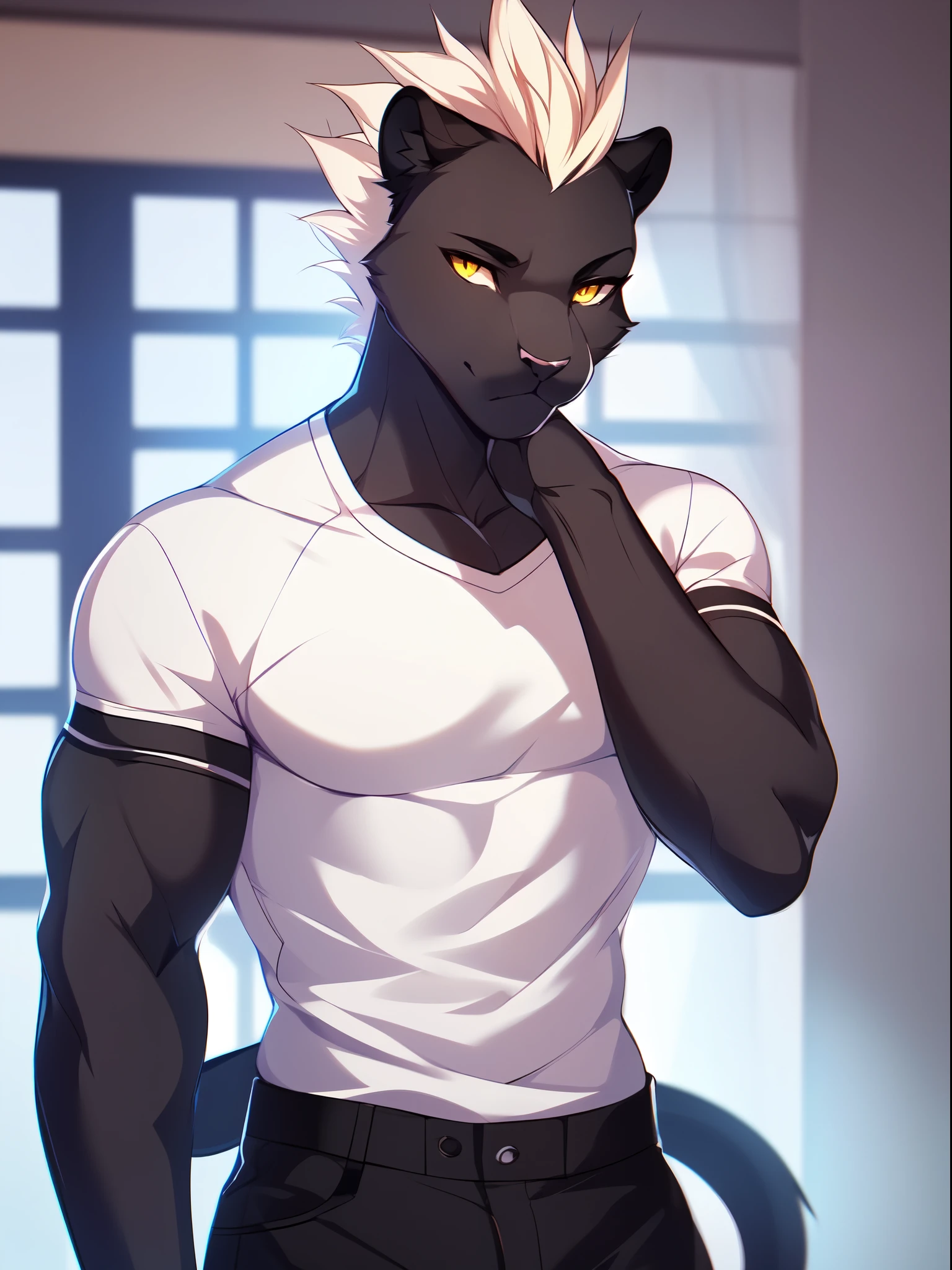 Solo, male, a cute grey anthro furry panther boy, a single panther tail, muscular, white spiky faux hawk hair, yellow eyes, by fumiko, by hyattlen, by zackary911, indoors, tight white shirt, standing, close up, portrait, buff