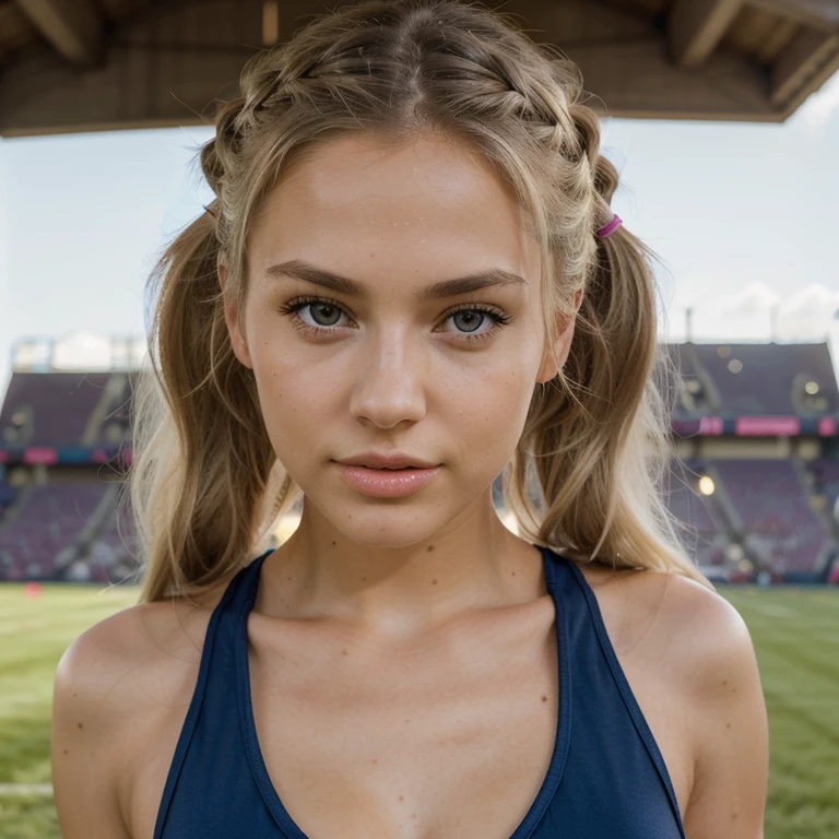 model name Martina, young woman, gray eyes, blonde hair, realistic and detailed face,beautiful woman, , detailed face,????????, masterpiece, Hair in pigtails, very sexy cheerleader outfit, background like a field, natural light, beautiful day, all detailed facial expression with a burning tongue