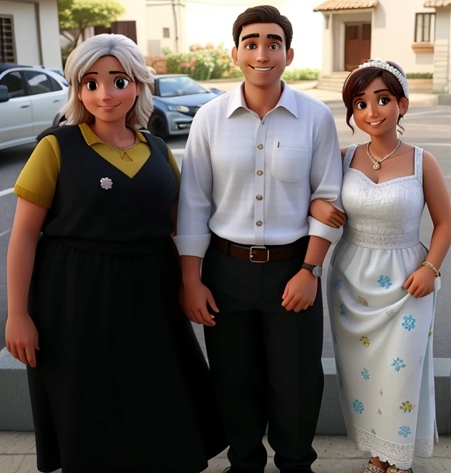 Three people, um homem, uma mulher e uma  de cabelos compridos uma sarda no colo da mulher, posing as a happy family for a photo, imagem inicial, contra um fundo desfocado.
