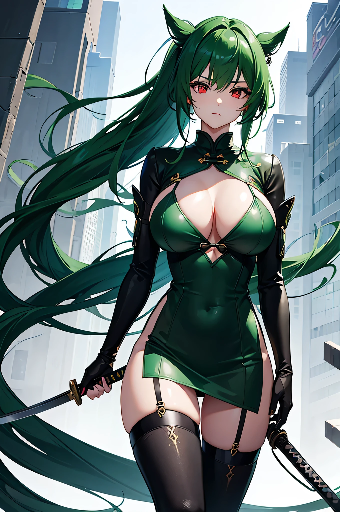 4K,hight resolution,One Woman,Green hair,poneyTail,Red Eyes,Colossal tits,Green cheongsam,long gloves of black color,Black boots,Japanese Katana Sword,Futuristic city