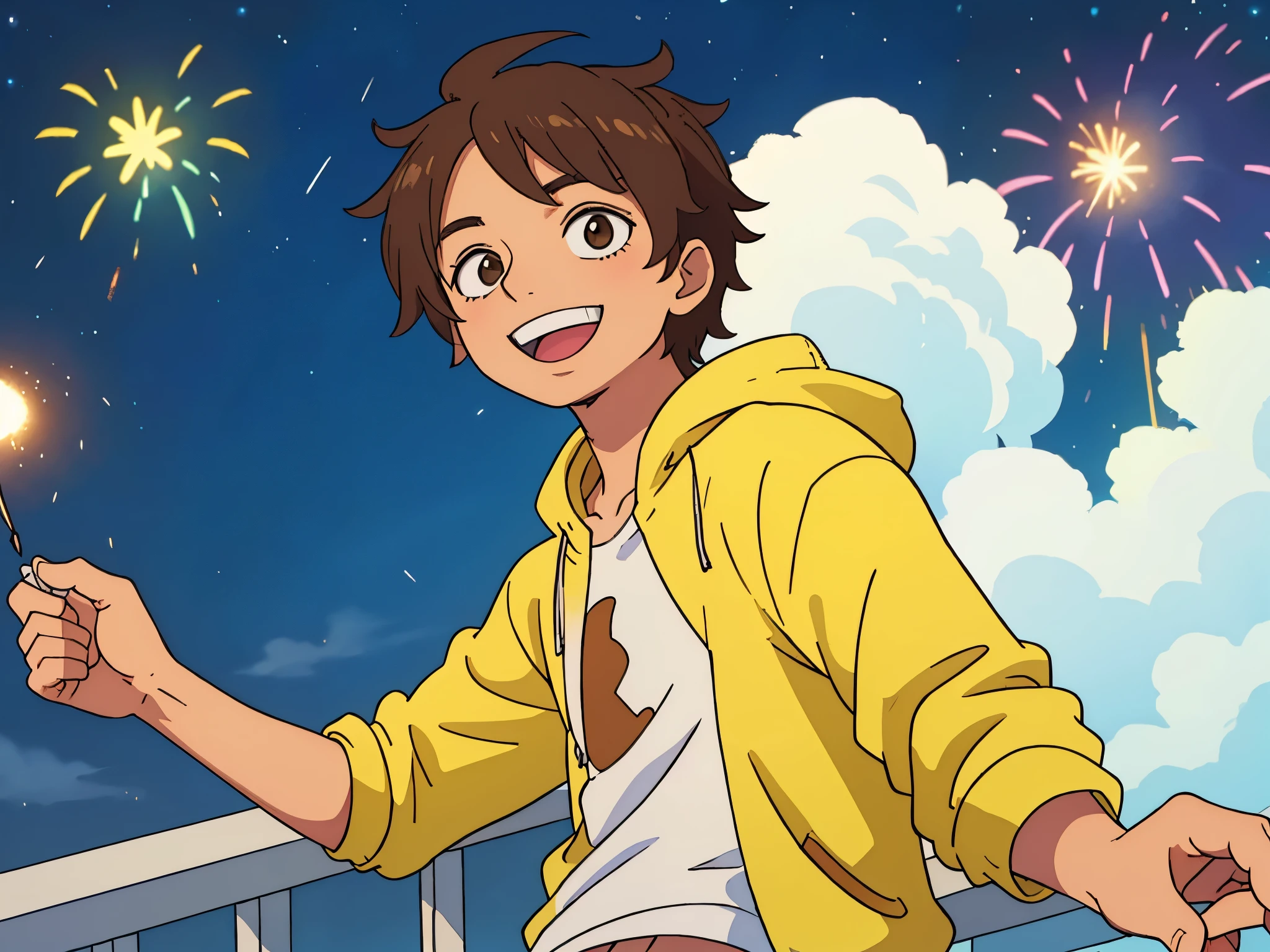 a happy teenage boy, with his back to the camera, in a white cap, with short, thin and long brown hair, yellow sweatshirt, looking at the sky, at night, seeing fireworks, perfect face, perfect hand, best quality