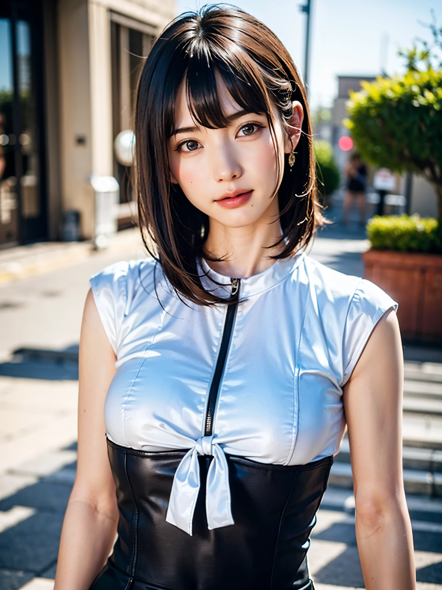 (masterpiece, top-quality),1girl in, 独奏, hyper realisitic, Photorealistic,realisitic, looking at the viewers, brown eyes of light color:1.4,Brunette short bob hair with highly detailed shiny hair, Winter clothes in bright colors, lepangas:1.4), plein air, a closed mouth, The upper part of the body、big eye、Lashes、{Gigantic|Big|Huge|Mega} breasts:1.4, cleavage:1.4、(((big eye、Short bob hair、Intense highlights of the pupils、gazing at viewer、She is a very beautiful and cute beauty、Put your ears out、long neck、smil、Close your mouth and smil、bangs beautiful teeth)))、Ideal ratio body proportions、(Snow-covered tree-lined streets in Norway in winter)