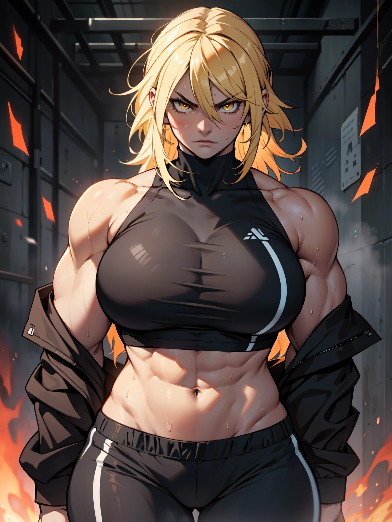 angry (muscular girl toned body massive breasts) yellow eyes hair between eyes pale skin sweaty