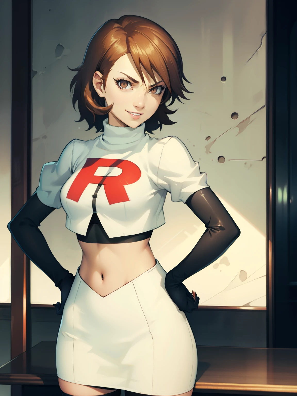 brown hair, short hair, glossy lips, eye shadow ,team rocket uniform, red letter R, white skirt,white crop top,black thigh-high boots, black elbow gloves, evil smile, evil face ,looking at viewer, cowboy shot, hands on hips