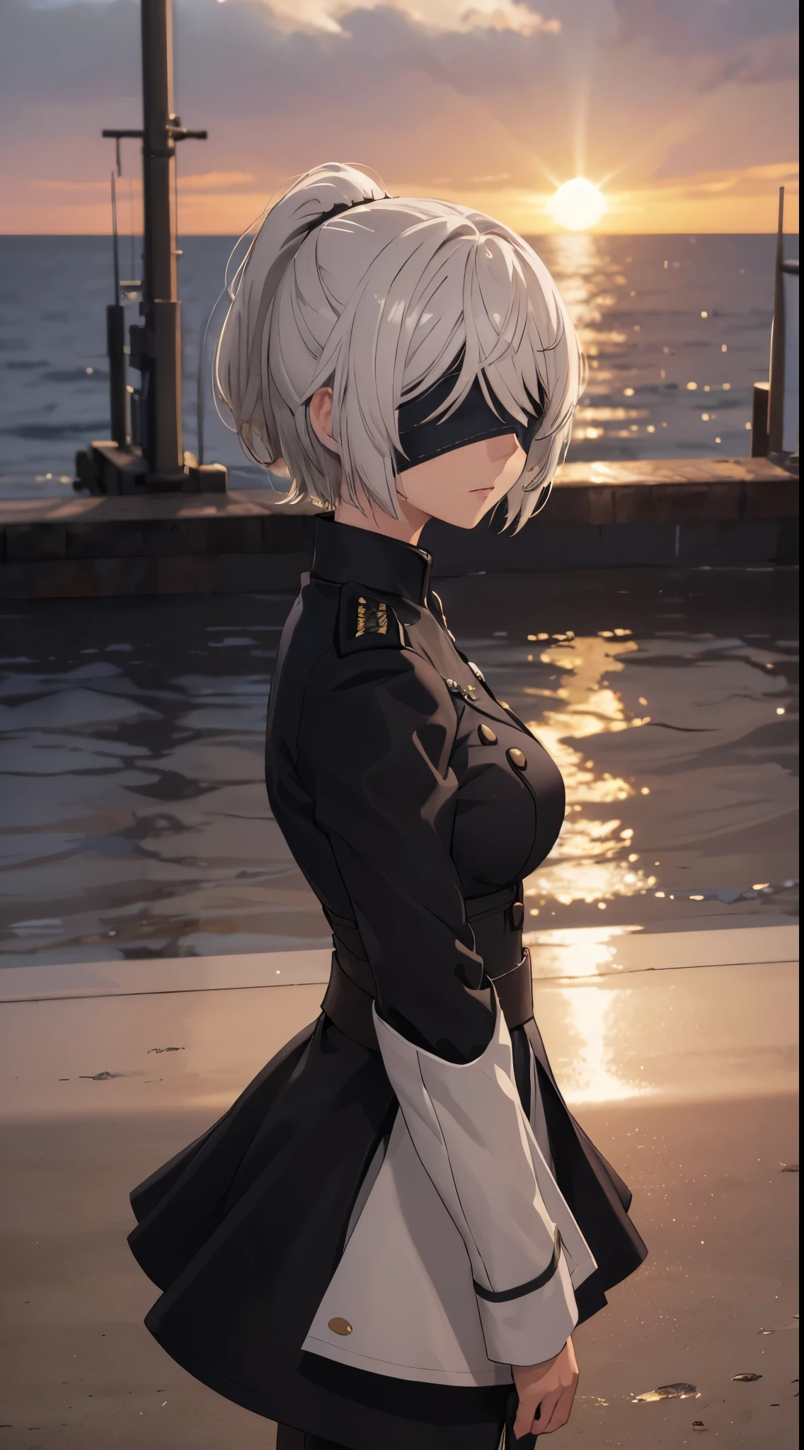 (extremely detailed CG unity 8k wallpaper), (masterpiece), (best quality), (ultra-detailed), (best illustration), (best shadow), (absurdres), 2b, 1girl, short hair, short ponytail, normal size boobs, white hair, blindfold solo, Intimidating women, admiral uniform, night, hero pose, white clothes, General Uniform, Military Uniform, Sunlight, exposed to sunlight, commander, black clothes, sunkissed, sunset background