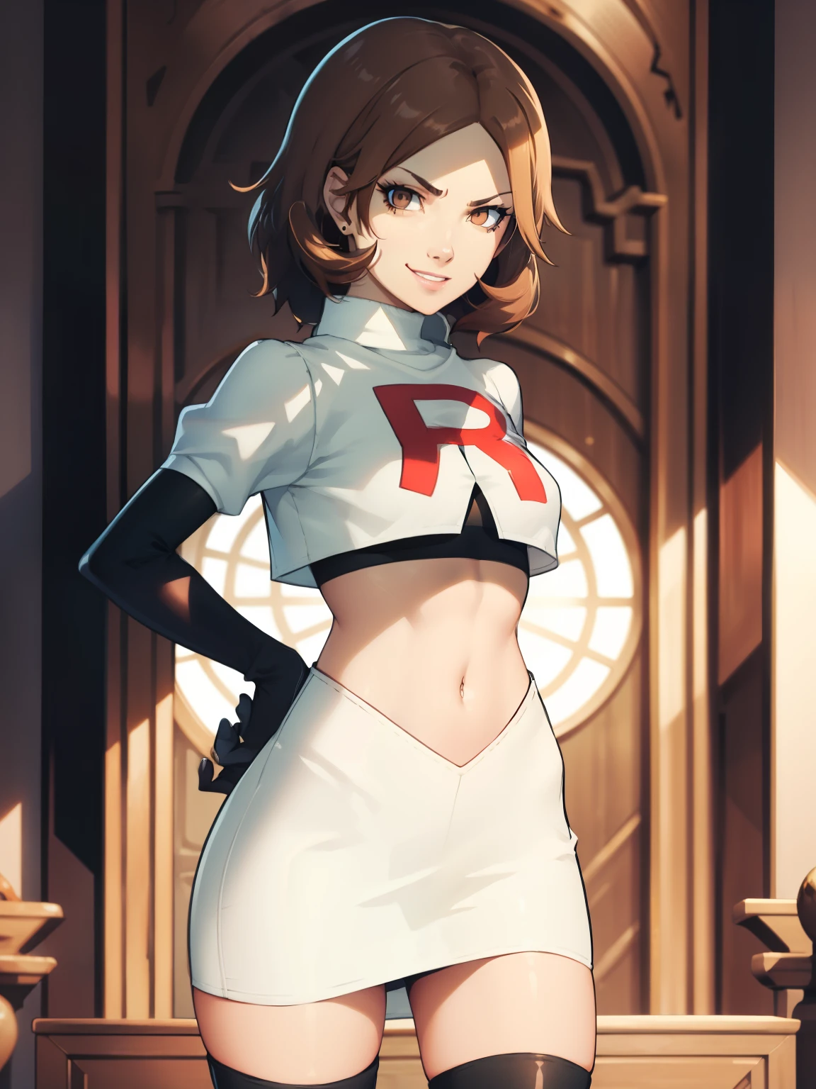 brown hair, short hair, glossy lips, eye shadow ,team rocket uniform, red letter R, white skirt,white crop top,black thigh-high boots, black elbow gloves, evil smile, evil face ,looking at viewer, cowboy shot, hands on hips