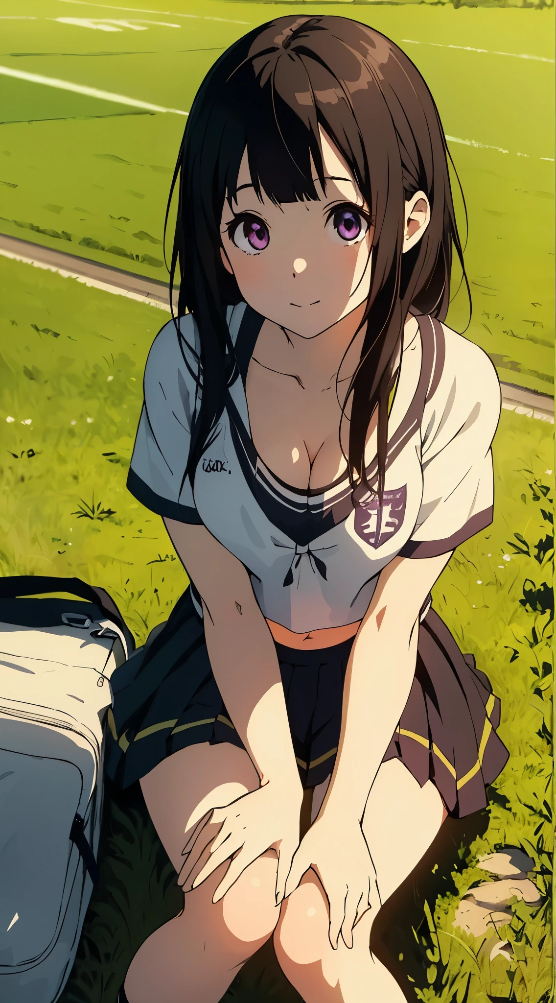 masterpiece, best quality, illustration, highly detailed, chitanda_eru, beautiful detailed eyes, cheerleader, sitting, cleavage, midriff, grass, (knees bent:1.4)