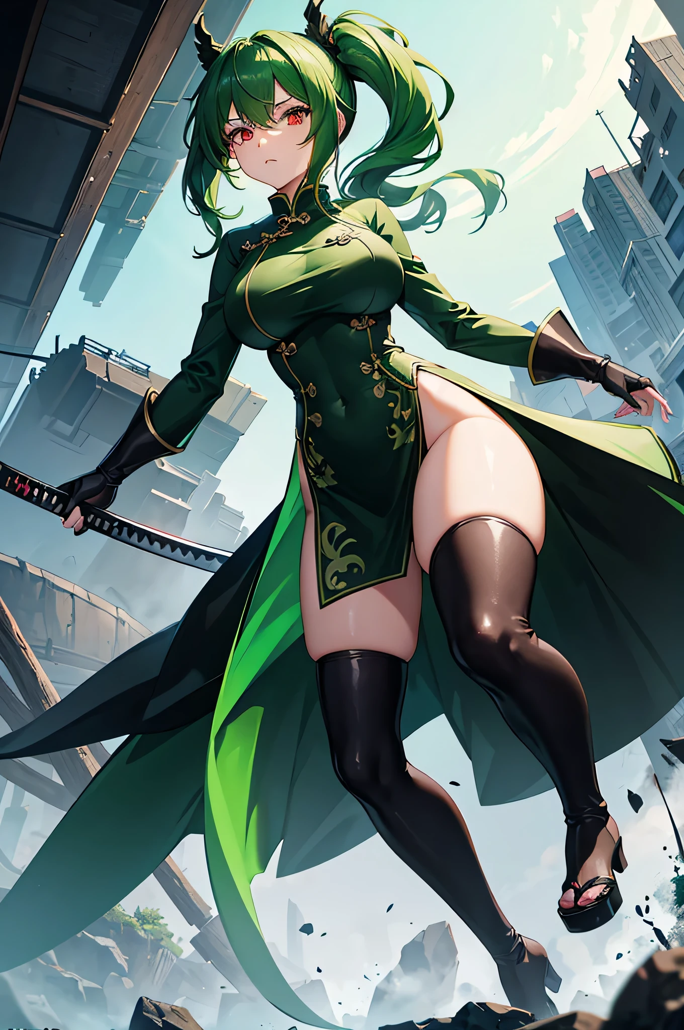 4K,hight resolution,One Woman,Green hair,poneyTail,Red Eyes,Colossal tits,Green cheongsam,long gloves of black color,Black boots,Japanese Katana Sword,Futuristic city