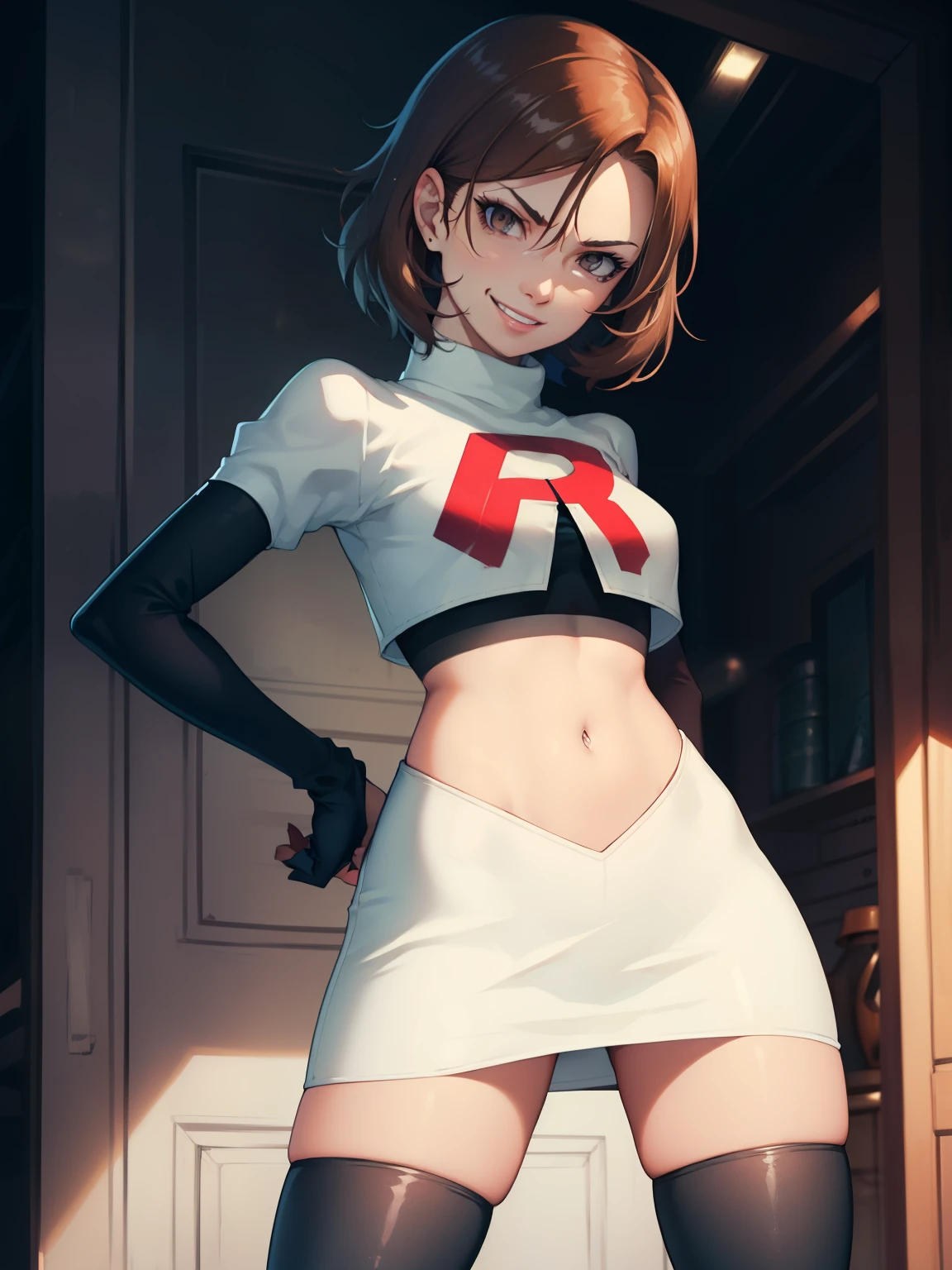 brown hair, short hair, glossy lips, eye shadow ,team rocket uniform, red letter R, white skirt,white crop top,black thigh-high boots, black elbow gloves, evil smile, evil face ,looking at viewer, cowboy shot, hands on hips