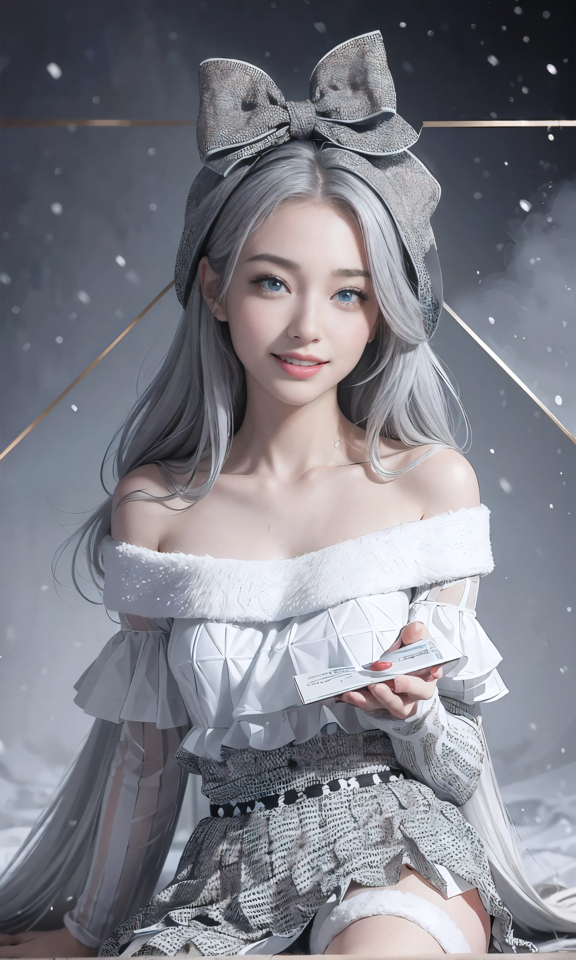 (Realistic:1.8), (Digital Art:0.2), (Geometric art:1.7),(Agpi official art, Beautiful and aesthetic, ultra-detailliert, Beautiful, masutepiece, Best Quality:1.6), (1girl in:1.2), Detailed face, Detailed eyes, detailed hairs, Young fingers, Detailed fingers, Five Finger REAK's cute IG model, Cute models in Japan, 22 years old, My whole body is toned, small head, a small face, small mouth, Diamond Face, small nose, Sharp face lines, (drooing eyes, 二重まぶた, bright color eyes, Glossy eyes, shiny eyes:1.2), Shiny skin, Shiny hair, (Gray hair:1.2),
_
BREAK (Happy, Smile, 牙, Glossy Lip:1.2),Beautiful 牙, (Upper body:1.5), Sitting, from the front side,
_
BREAK (Black and white theme:1.4), (cute christmas theme:1.2), (Fluffy Santa hat with ribbon:1.2), (Adorable black and white candy cane striped off-shoulder top:1.2), (Short length white pleated skirt with subtle polka dot pattern:1.2), (Festive knee-high socks with small ribbons:1.2), (festive white and black ankle boots:1.2), BREAK (sparkling snowfall background:1.2), (Fog, myst:1.4),(Joyful expression:1.2), (It has a cute gift box with a big ribbon:1.2), (Gentle snow breeze:1.2),