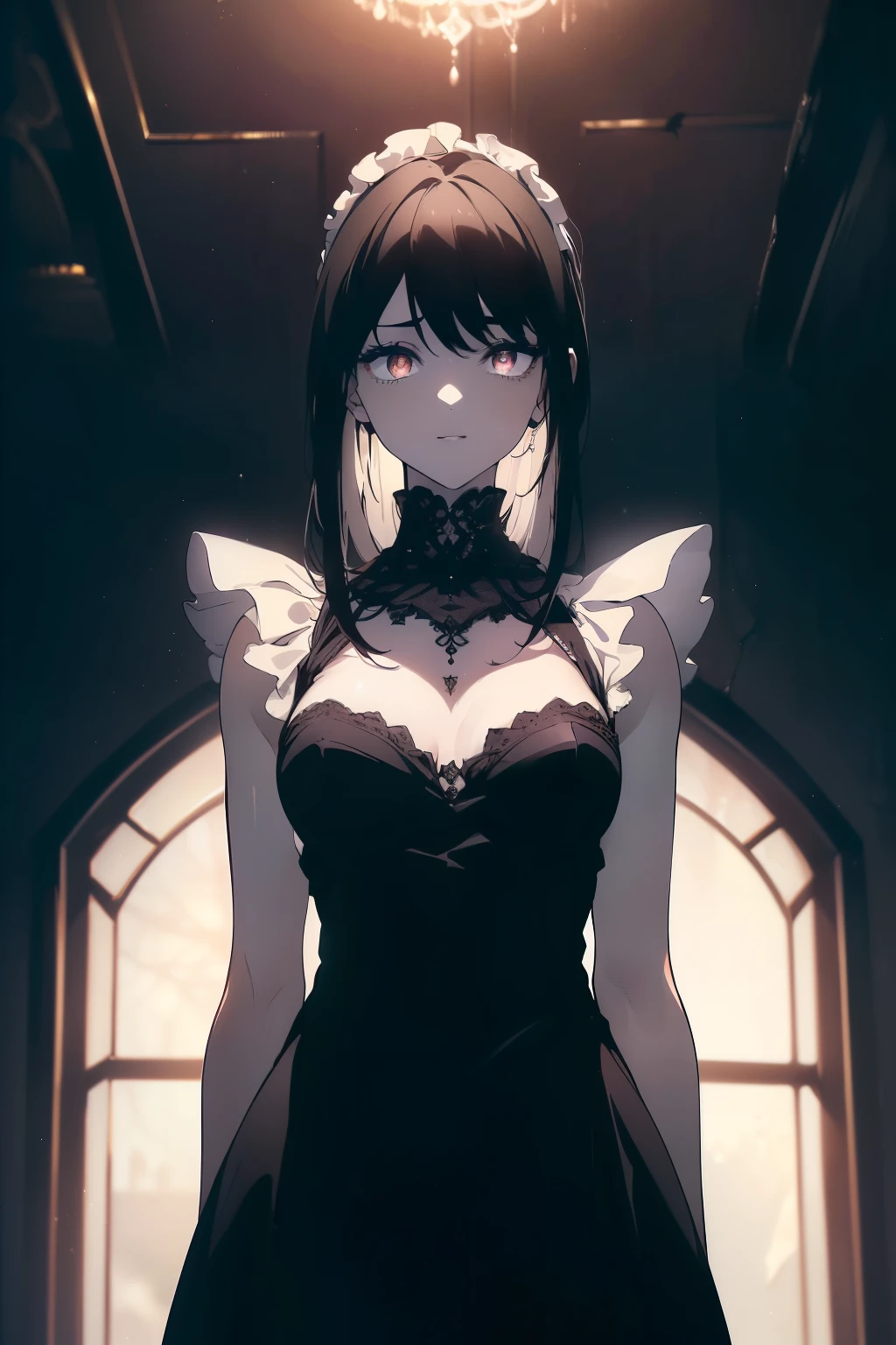 ((((Obra maestra, La mejor calidad, ultrahigh resolution)))), a shy girl, standing, ((wearing french maid outfit)), long hair cut, pale skin, ((dark black hair, blue tint)), (glowing_eyes, brown luminescent eyes), (ultra detailed eyes:0.7, beautiful and detailed face, detailed eyes:0.9), ((centered)), smile, ((wide shot)), facing viewer, (((surrounded by darkness, mansion interior background)), flat chested, looking at viewer, ((perfect hands)), ((head:1, hips, elbows, arms, in view)), ((hands behind back)), beautiful lighting, defined subject, (25 years old), ((cool looking)), Chi no Wadachi