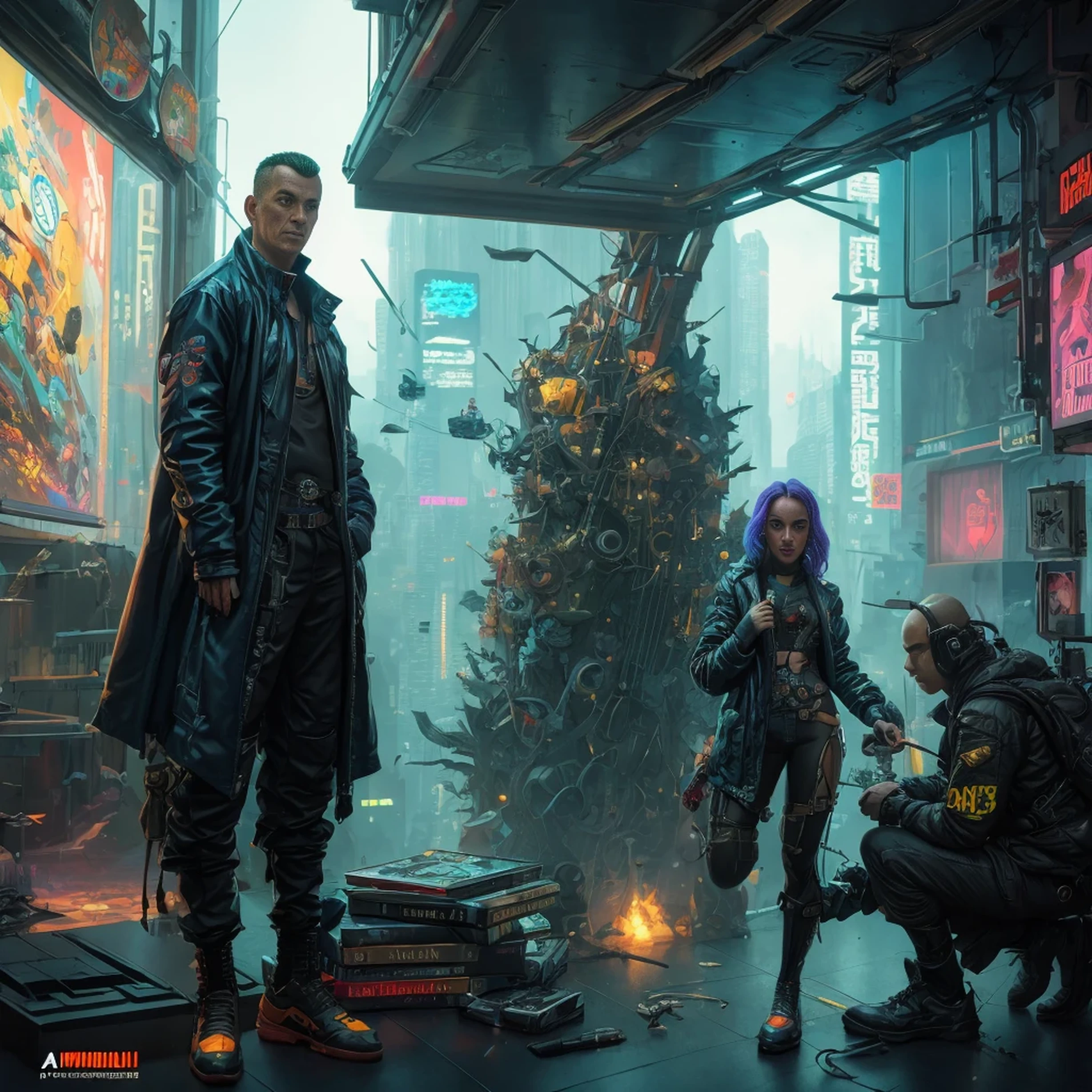 cyberpunk, cinematographic frame, distopian future, ultra realistic, 8k, vibrant, detailed, zbrush, comic book illustration, trending at artstation, by peter mohrbacher, by wlop, by ruan jia, by alphonse mucha, by dmitry prozorov, by norman rockwell,