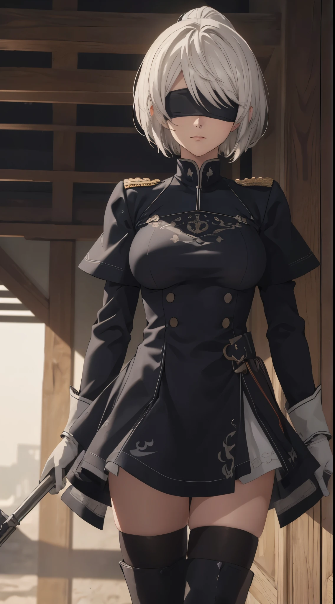 (extremely detailed CG unity 8k wallpaper), (masterpiece), (best quality), (ultra-detailed), (best illustration), (best shadow), (absurdres), 2b, 1girl, short hair, long ponytail, normal size boobs, white hair, blindfold solo, Intimidating women, admiral uniform, night, hero pose, white clothes, General Uniform, Military Uniform, Sunlight, exposed to sunlight,commander, cape, fighting, ((beautiful fantasy girl)), (Master Part: 1.2), Best Quality, High Resolution, photorealestic, photogenic, Unity 8k壁纸, perfect lighting, (perfect arms, perfect anatomy) beatiful face, intricate details, Detalhes realistas, the anime, The Perfect Girl, perfect details, Ultra HD |, 8K, Professional photo(extremely detailed CG unity 8k wallpaper), (masterpiece), (best quality), (ultra-detailed), (best illustration), (best shadow), (absurdres), 2b, 1girl, short hair, short ponytail, normal size boobs, white hair, blindfold solo, Intimidating women, admiral uniform, night, hero pose, white clothes, General Uniform, Military Uniform, Sunlight, exposed to sunlight, commander, black clothes, sunkissed, sunset background