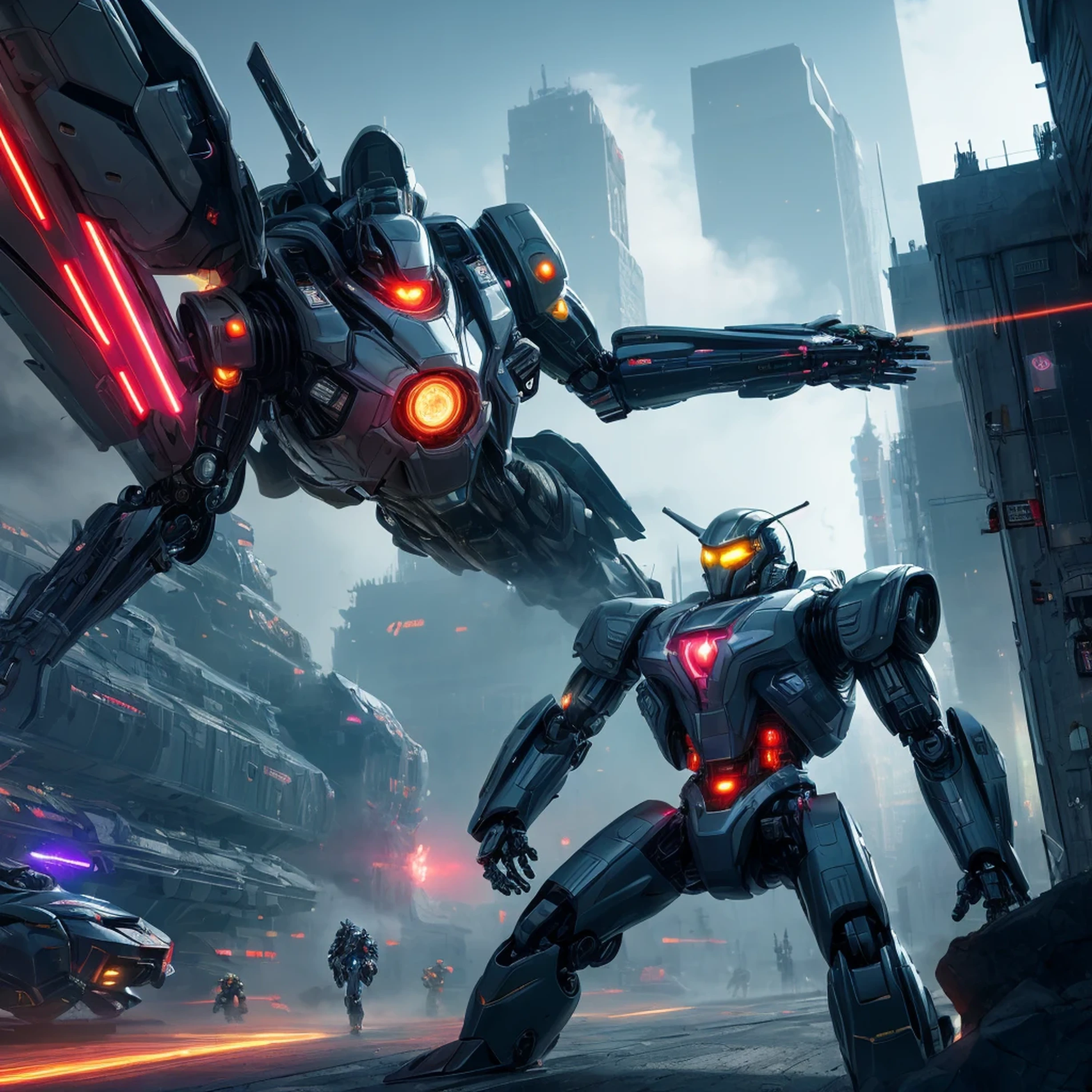 masterpiece,official art,8k, masterpiece, best quality, highly detailed, futuristic, dynamic, glowing, metallic, robotic,, , cybernetic world,mecha:1.2,energy waves,explosions,high-tech buildings,neon lights,smoke and dust.