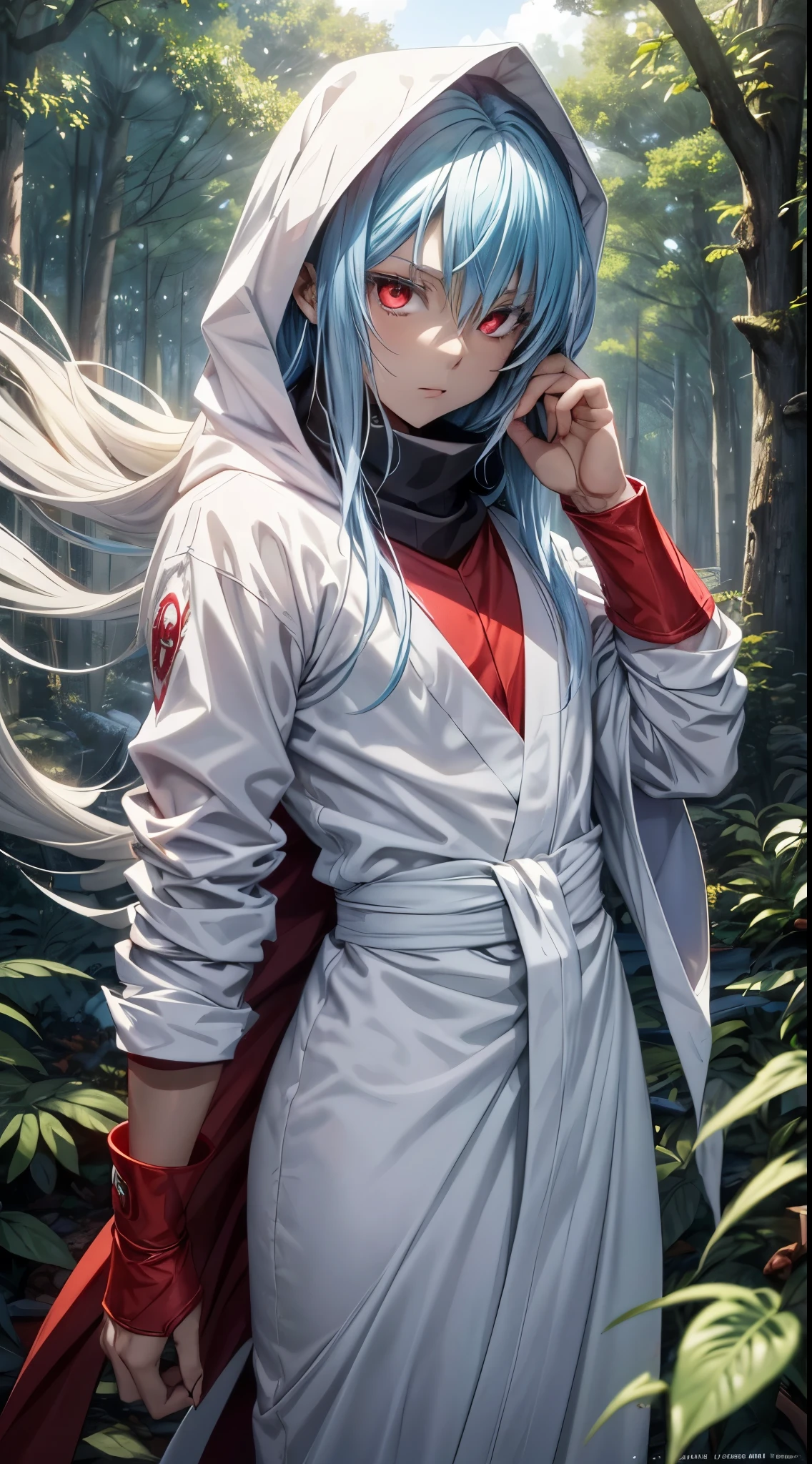 (a age tensei shitara slime anime character) Rimuru Tempest, with prominent and piercing eyes of a (((scarlet red))), which exude an aura of cold determination and a sharp intelligence, (hair is light heavenly blue), flowing and smooth, neutral mouth, cold gaze, reflecting an unshakable personality and an indomitable spirit, The white hood that covers the character's head adds a touch of mystery and nobility, complementing his enigmatic and powerful presence, complete character, ((( setting in the forest))), white skin, highly detailed scenery, (wearing a white sheet), full body photo, (cold expression)