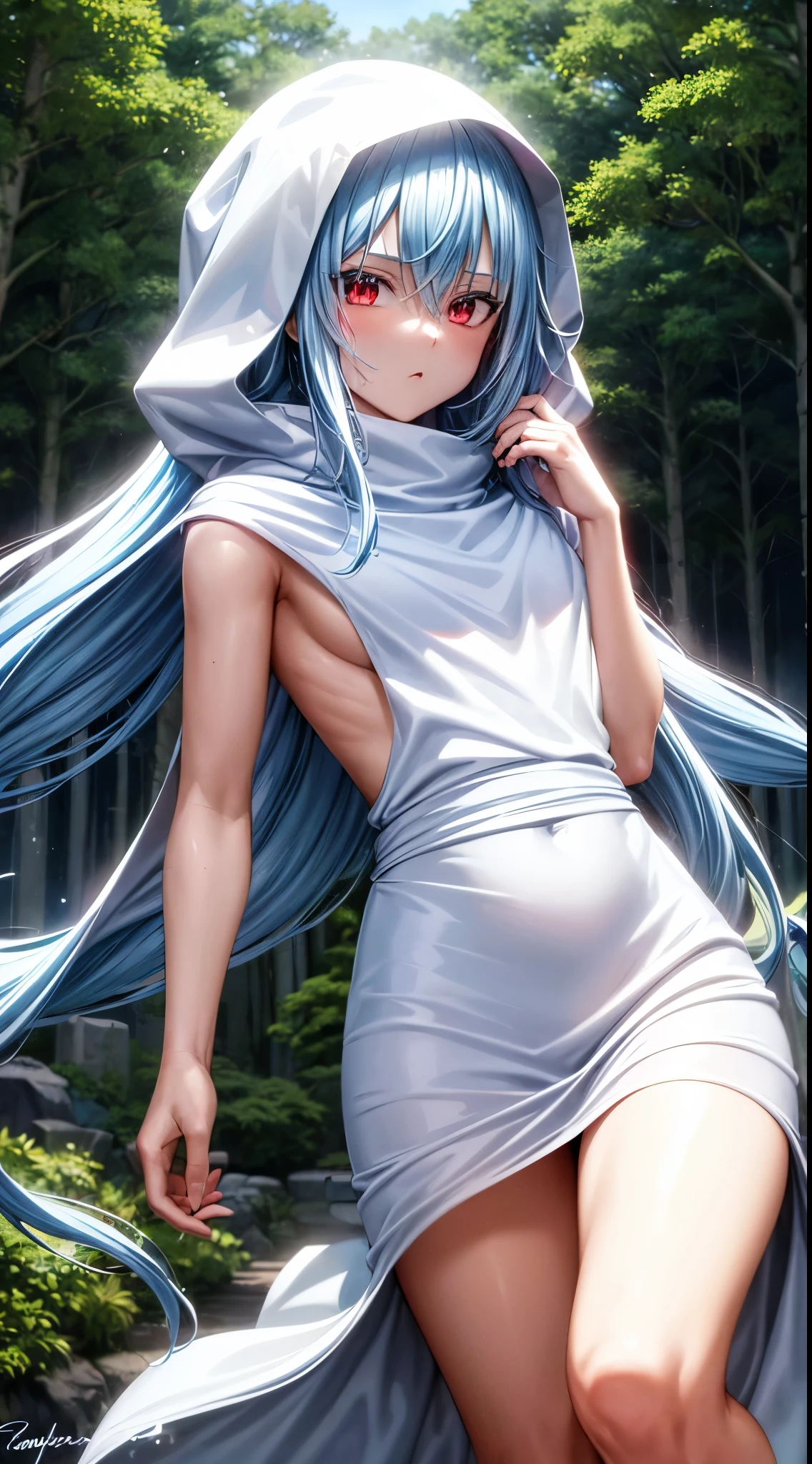 (a teenage tensei shitara slime anime character) Rimuru Tempest, with prominent and piercing eyes of a (((scarlet red))), which exude an aura of cold determination and a sharp intelligence, (hair is light heavenly blue), flowing and smooth, neutral mouth, cold gaze, reflecting an unshakable personality and an indomitable spirit, The white hood that covers the character's head adds a touch of mystery and nobility, complementing his enigmatic and powerful presence, complete character, ((( setting in the forest))), white skin, highly detailed scenery, (wearing a white sheet), full body photo, (cold expression)