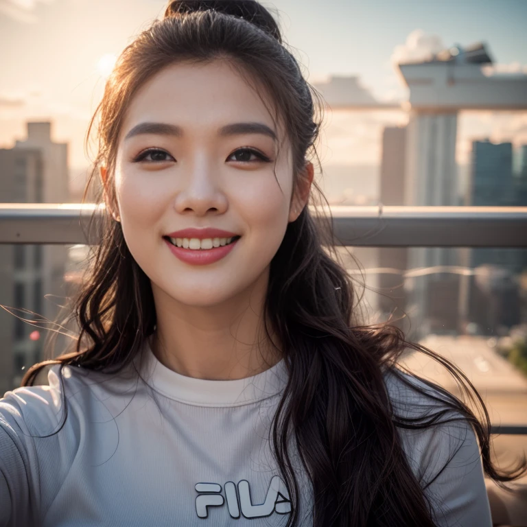 8k, high res, HQ, UHD, (photorealistic:1.4), masterpiece, hyper-realistic detailed photography of (beautiful korean girl), (kim you-jung:1.5), (wearing button blouse:1.3, long sleeve), 23 years old, (dynamic pose:1.4), (wonderful skyscape, clouds, cityview), slim fit body with a bit sweat, look at me, big boobs, sexypose, sagging breast, detailed body feature, proportional perfect body, petite posture, detailed perfect hand, good hand, clear bright skin, lustly look, symmetricaly face, perfect face feature, detailed face, Intricate detailed grey blue eyes, seductive smile, detailed perfect lips, a tiny mouth, detailed brunette hair, style with bang, perfect composition, dynamic lighting, summer atmosphere, natural blue colors, wide angle shot, seen from below, focus on face, dramatic lighting, photon mapping