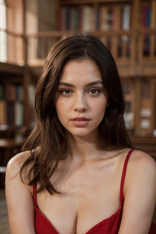 ((best quality)), ((masterpiece)), (detailed), perfect face realistic photo of beautiful woman with long dark brown hair, Russian, influencer, light freckles, dark brown eyes, big lips, no makeup, instagram, in a library, wearing thight red dress
