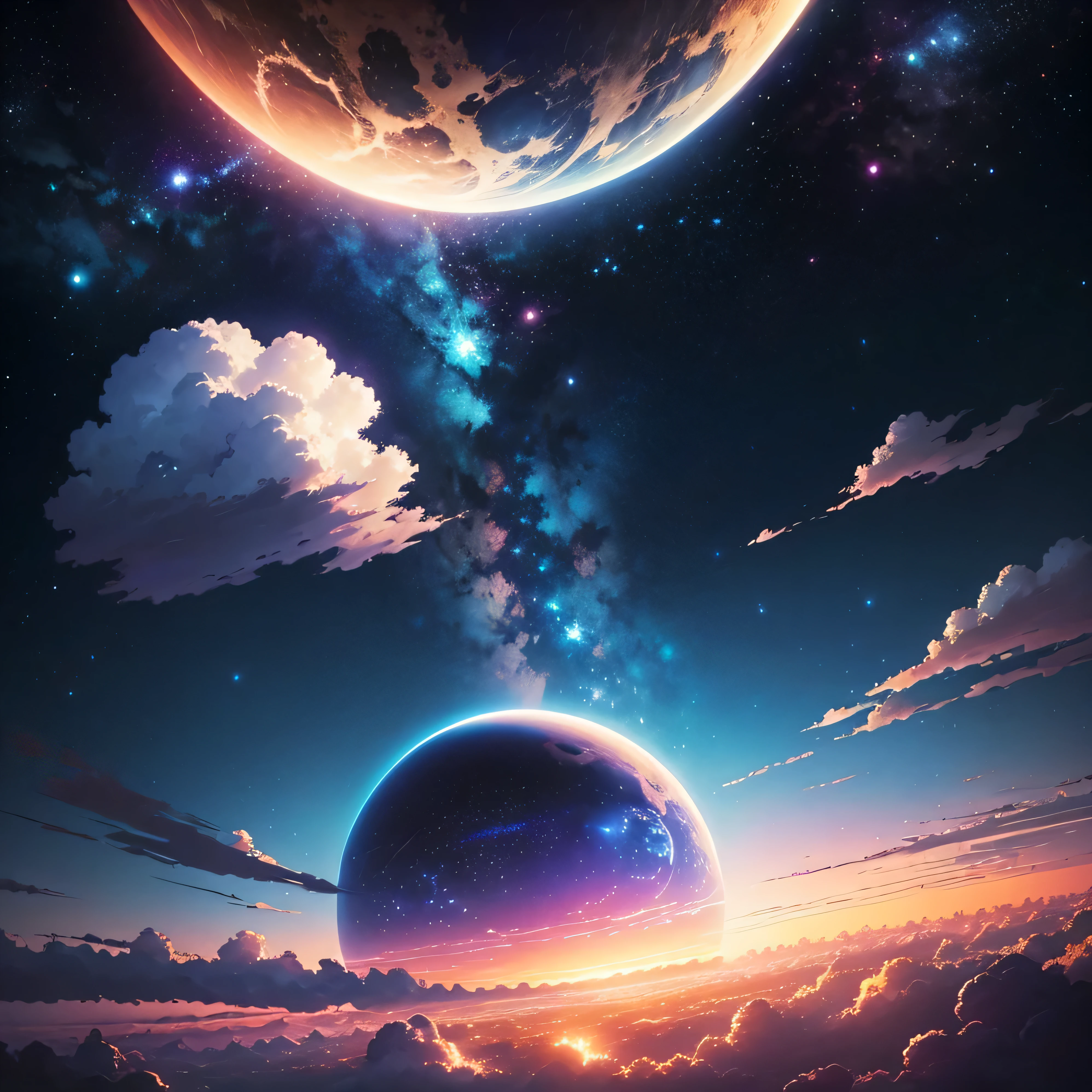 Anime style scene of a beautiful sky with a star and a planet, Cosmic sky. by Makoto Shinkai, anime art wallpaper 4k, anime art wallpaper 4k, anime art wallpaper 8 k, anime wallpaper 4k, anime wallpaper 4 k, Anime background 4K, anime sky, Stunning background, Anime background, Planet Sky in the background, Anime background art