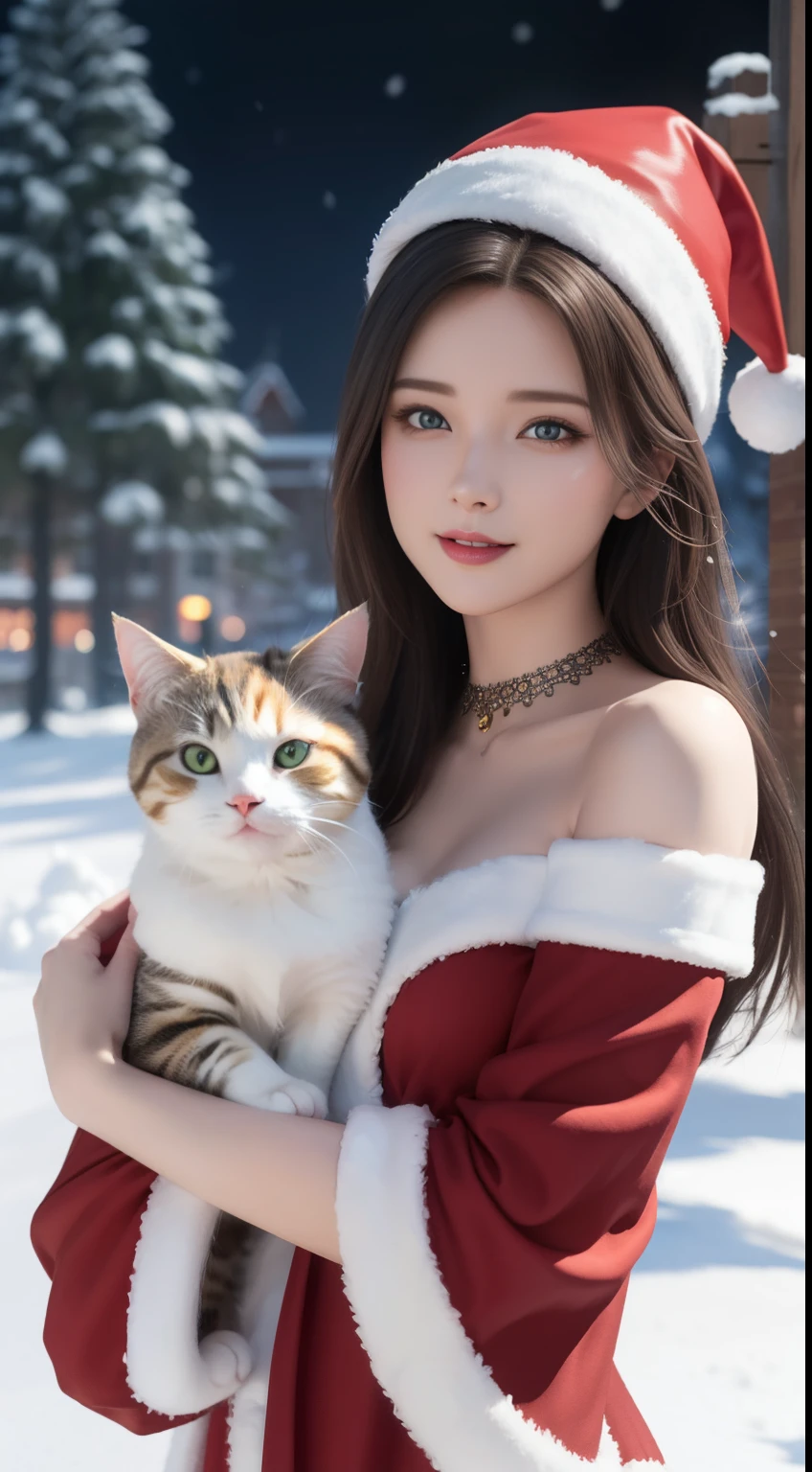 (Aesthetic, High Resolution: 1.2), full-body portrait of a beautiful 20-year-old woman wearing an intricately detailed red boby Santa Claus costume, symmetrical costume structure, bright clear eyes, happy smile, changing hairstyle, falling snow, snow in hair. Professional photographer, minimalism, conceptual art, intricate detail, 8k post-production, High Definition, Ultra Detail, trending on ArtStation, sharp focus, artistic dark studio photos, details Intricate details, Highly detailed, By Greg Rutkowski, professional light and dark art, Vibrant colors. Outdoor winter scene with snow in the evening, A slight smile, True art, many hairstyles and color changes, Passionate mood, Seductive expressions, Sexy lips, Wet lips, Eyes seductive aim, seductive appearance, seductive posture. 3D vector art、caliber cat、Cat in Santa hat、Cat with bell collar、cute christmas gift, cat fur、Surreal quality, Cute and quirky, Fantasy art, Brand Watercolor effect, girl hugging a cat.